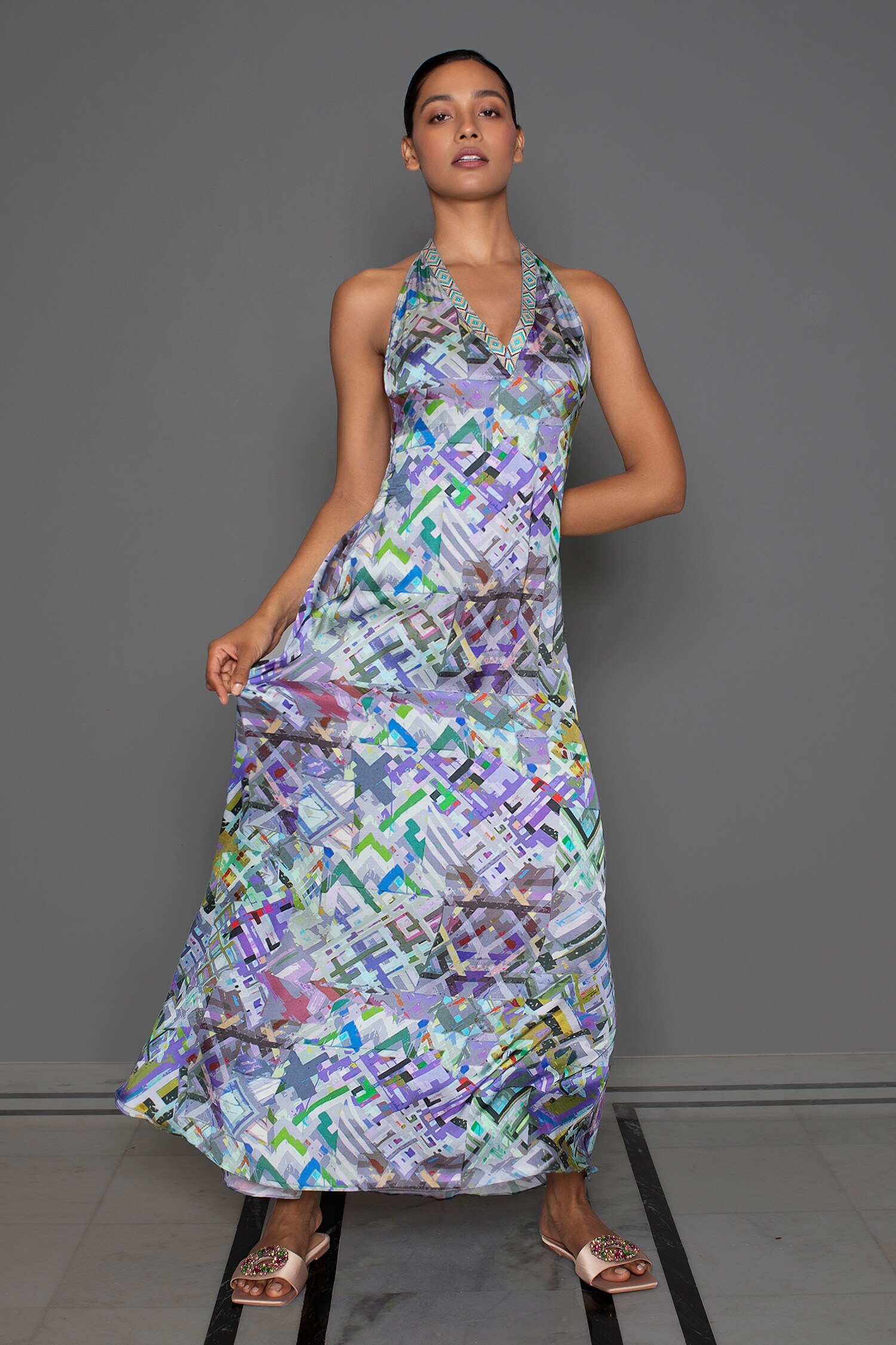 Buy Purple Cotton Silk Printed Abstract Halter Neck A-line Dress For Women  by Redefine Online at Aza Fashions.
