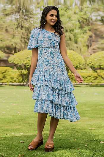 Buy B'Infinite Blue Crepe Tropical Print One Shoulder Dress Online | Aza  Fashions