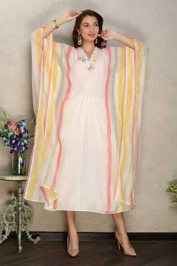 Floral Print Dark Blue Chanderi Silk Maternity Kaftan Dress Calf Length main image 0