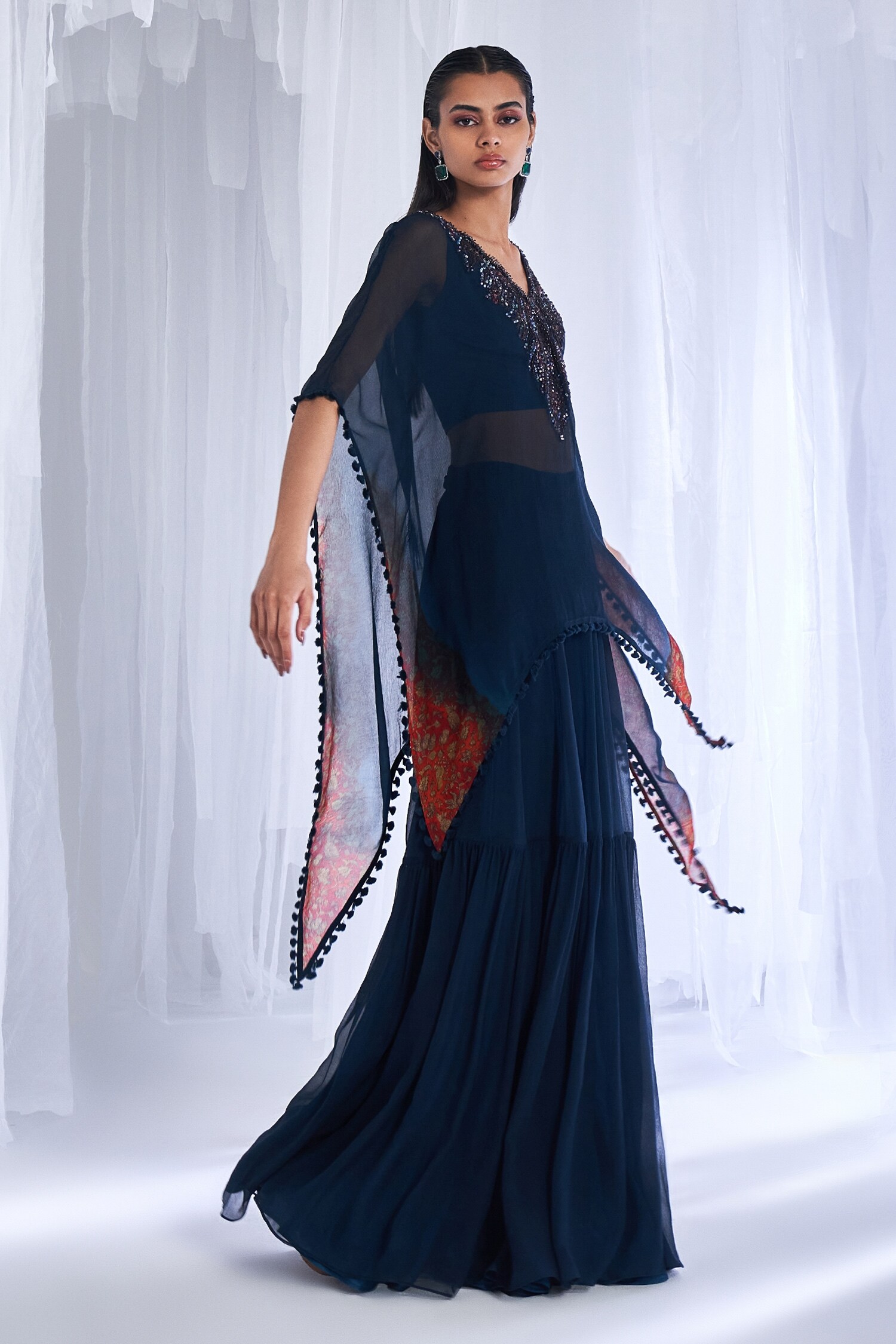 Buy Blue Chiffon Embellished Sequins V Cerise Bodice Kaftan With