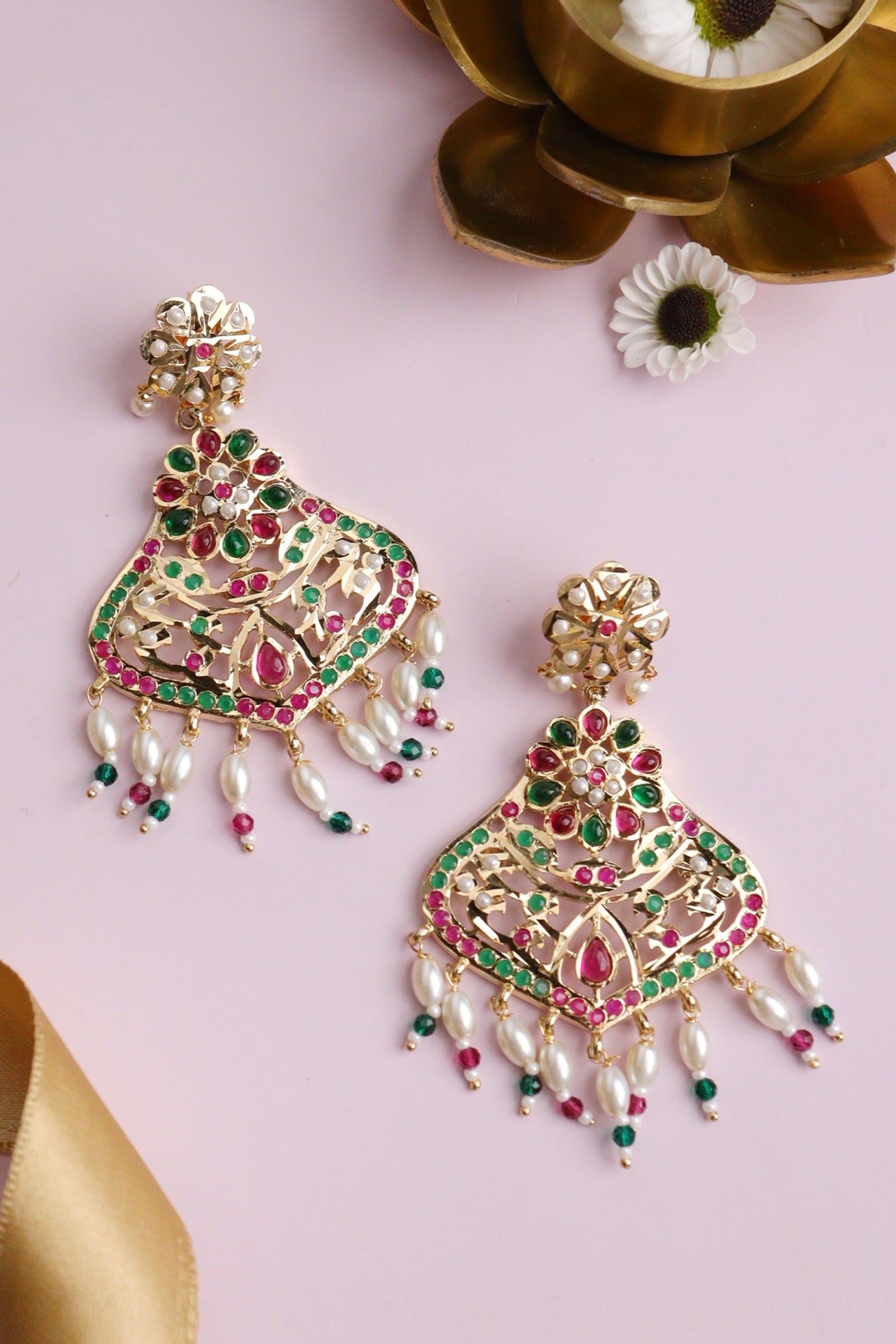 Buy Multi Color Semi Precious Stones And Pearl Mughal Jadau Dangler ...