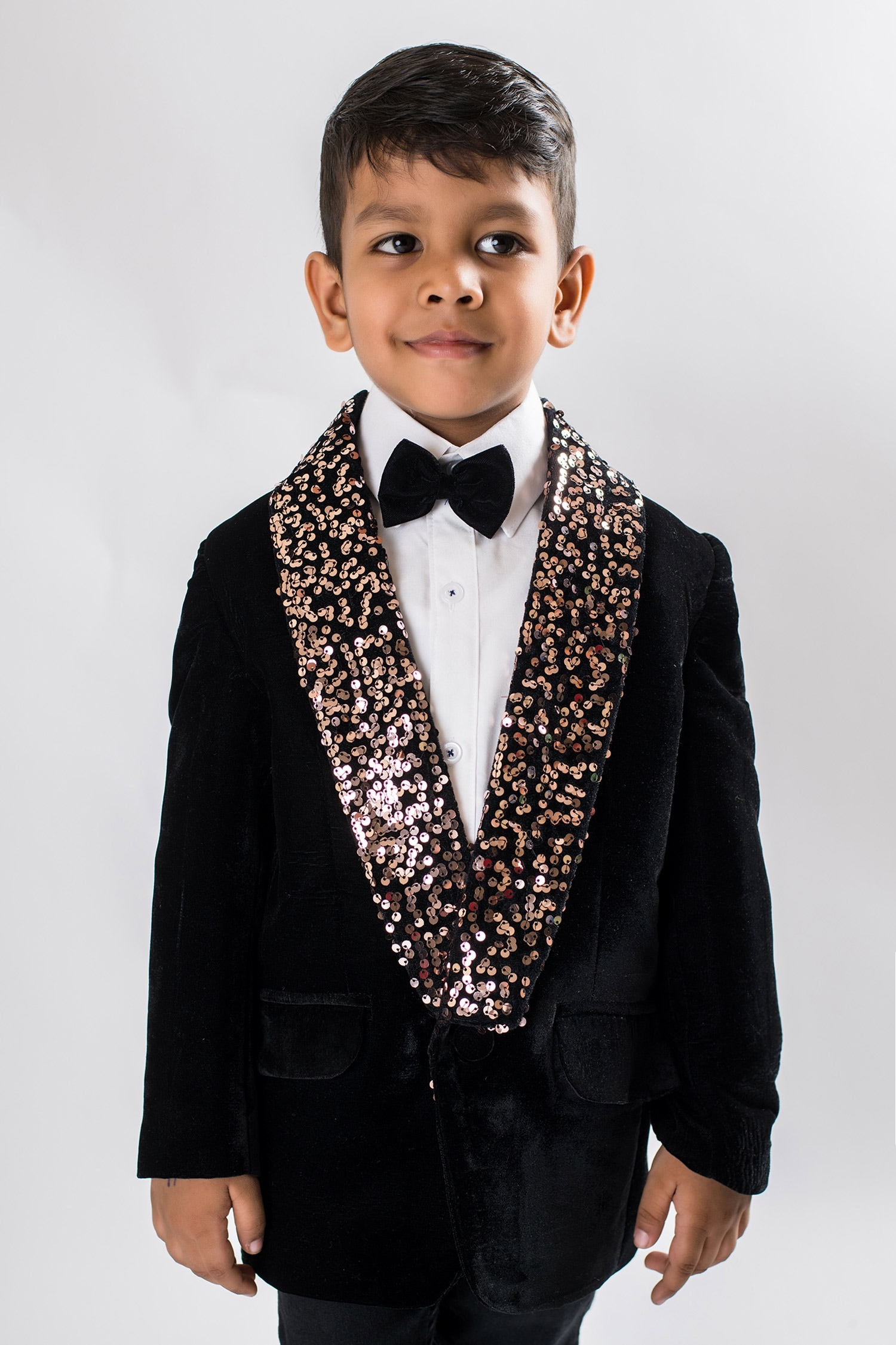 Buy Black Velvet Embellished Sequins Collar Blazer For Boys by Lil