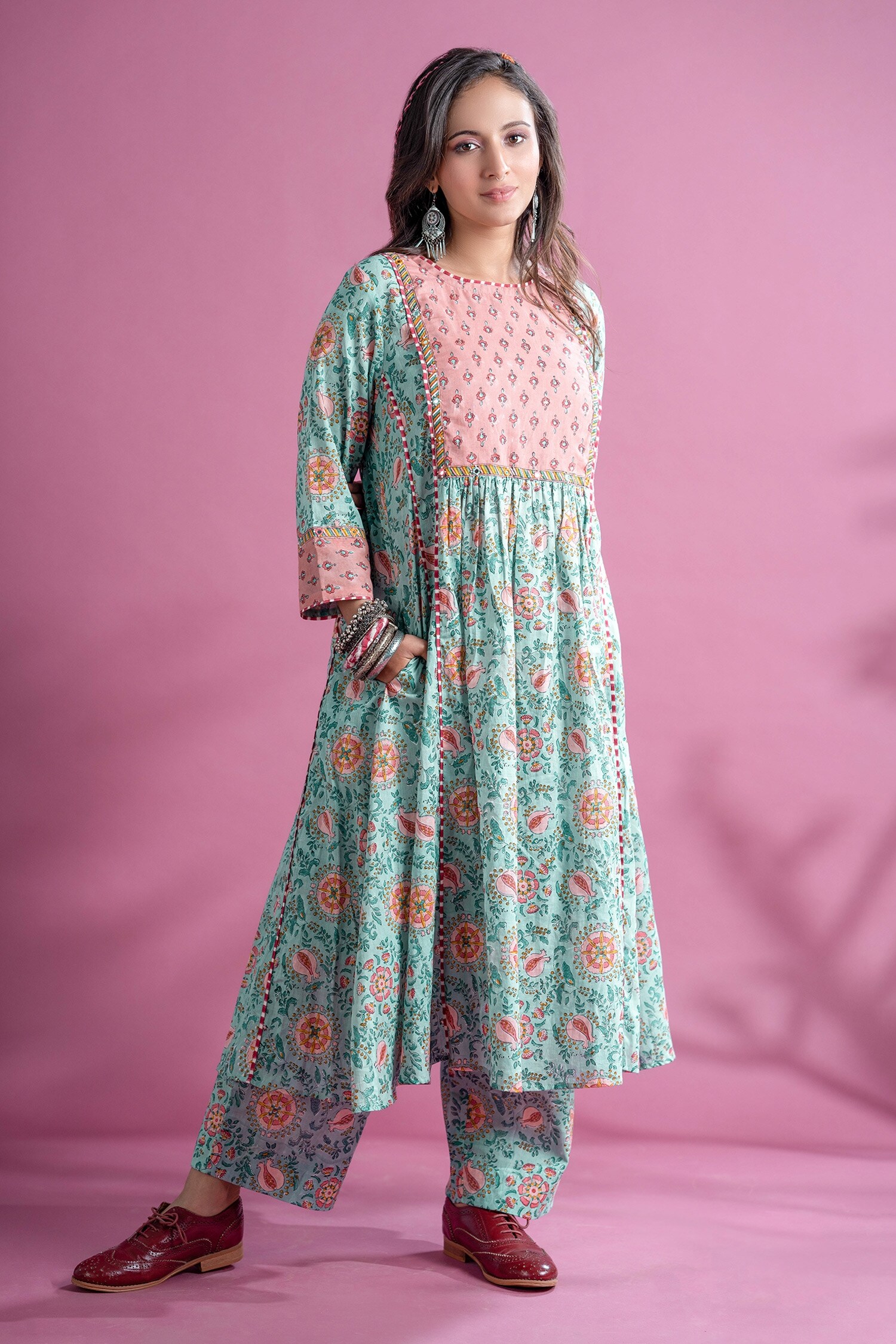 Buy Blue Cotton Printed Floral Round Serena Kurta For Women by Pants ...