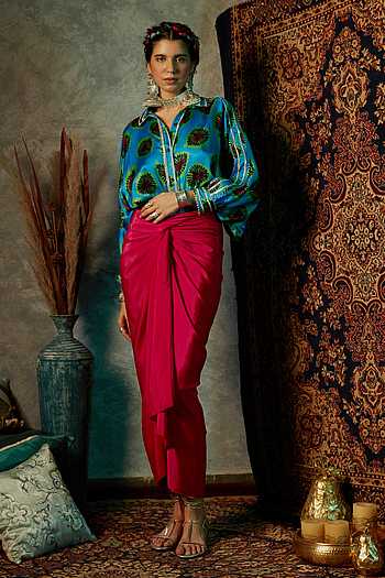 Blooming Eid Satin Shirt - Blue Bell