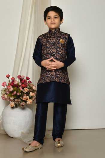 Campana Boys Bansi Dhoti Kurta Set - Vintage Floral Print - Blue & Grey