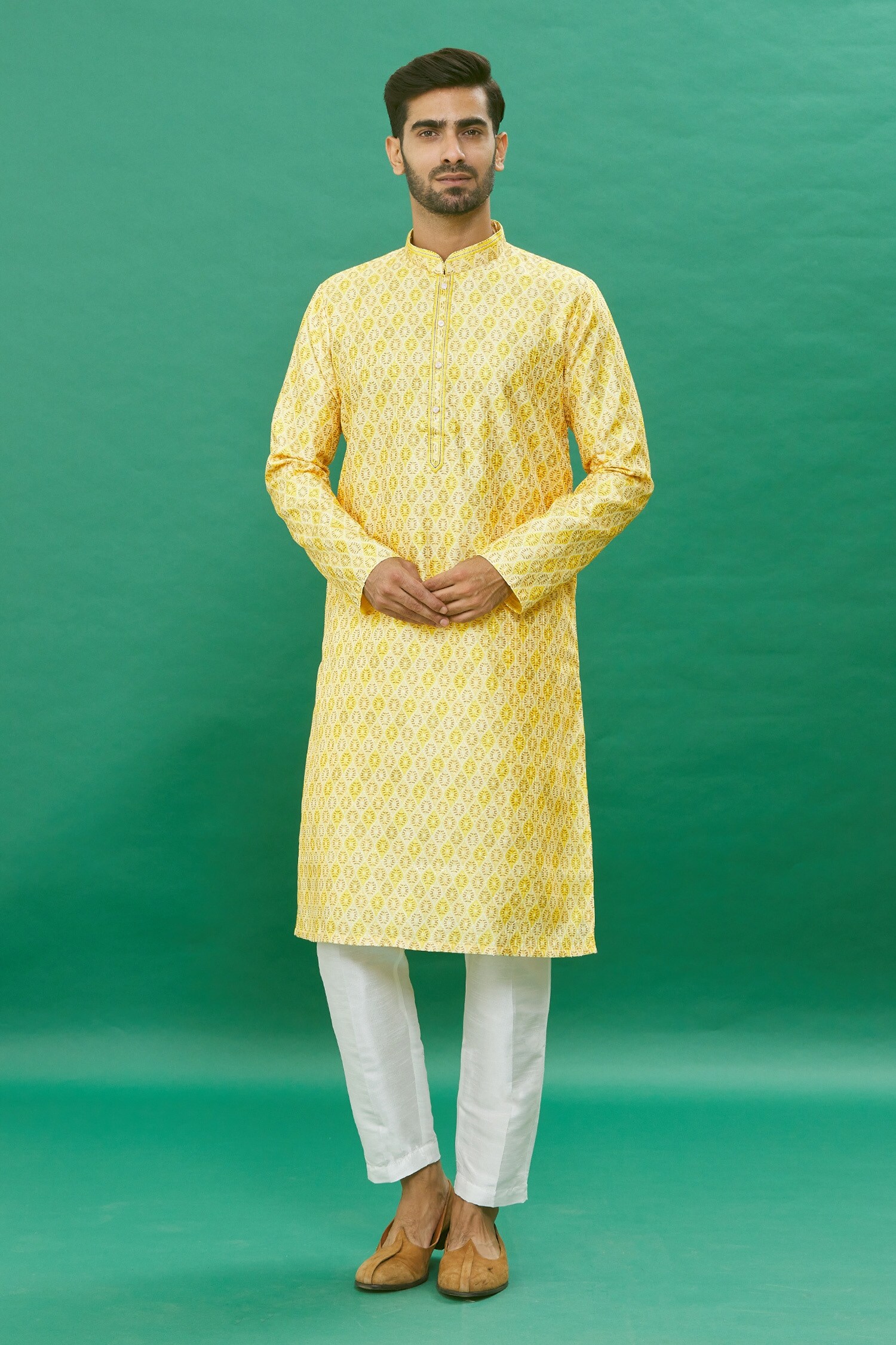 Buy RNG Safawala Yellow Cotton Silk Embroidered And Printed Kurta Set