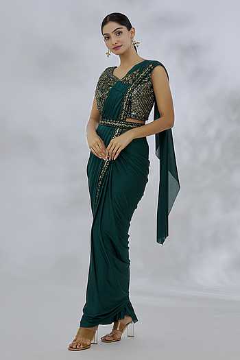 Ruffled Draped Lycra Saree with Resham, Zari & Embellished Blouse