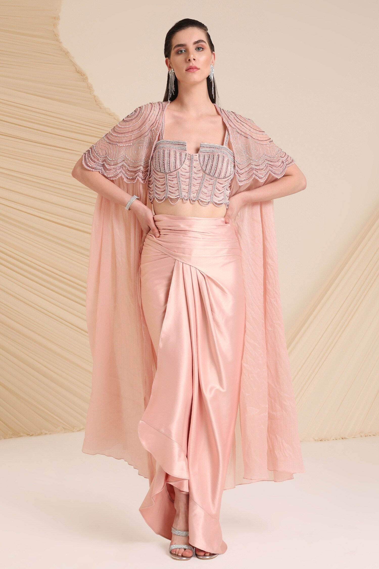 Aza Fashions Online Sale India 2026.Buy Pink Blouse Silk Satin Embellished Beads Alauren And Draped Skirt ...