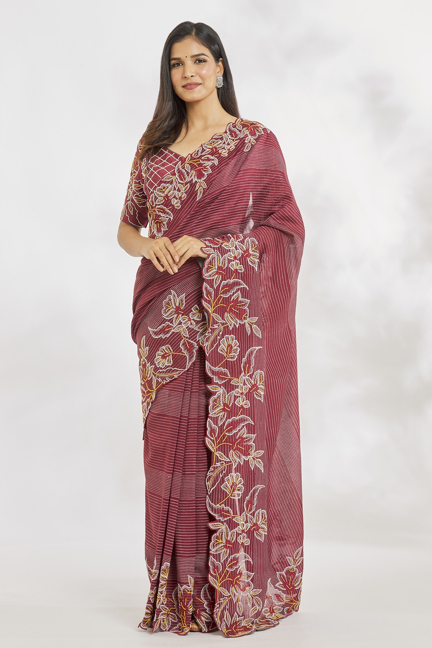 Buy Maroon Chanderi Printed Striped V Neck Saree With Blouse For Women ...