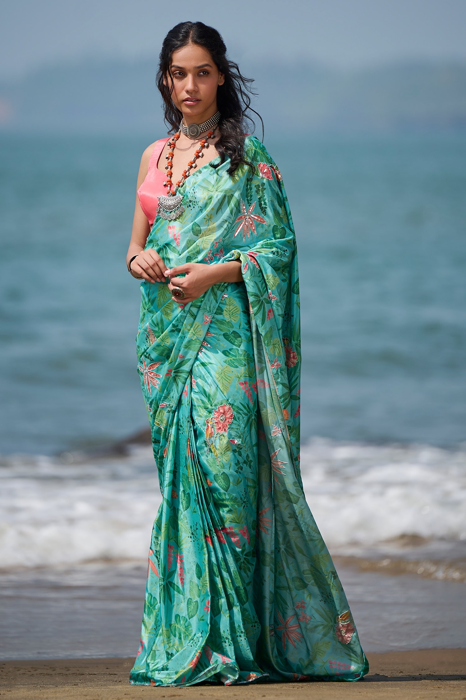 Buy Green Silk Print Tropical Floral Pre-draped Saree With Blouse For ...