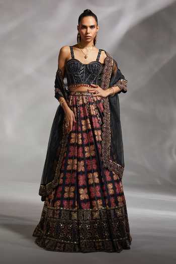 Designer Silk Printed Lehenga with Embellished Corset Blouse & Cape Perfect for Festive & Wedding Occasions main image 1