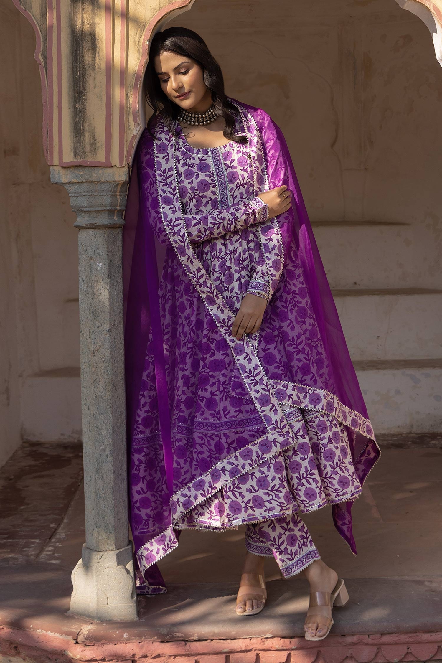 Buy Purple Anarkali And Pant: Cotton & Dupatta: Organza Monsoon Lilly ...