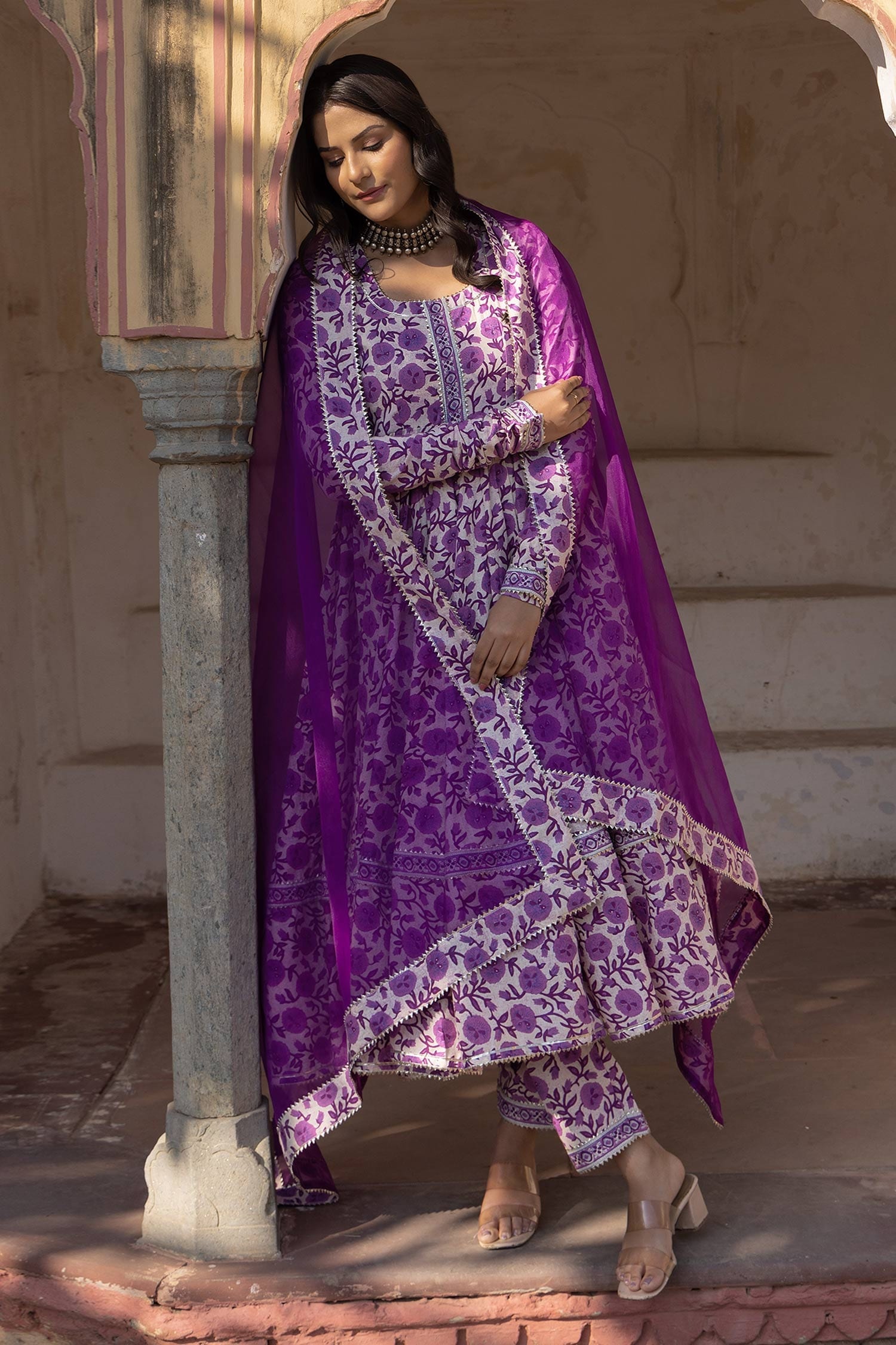Buy Purple Anarkali And Pant Cotton & Dupatta Organza Monsoon Lilly Set