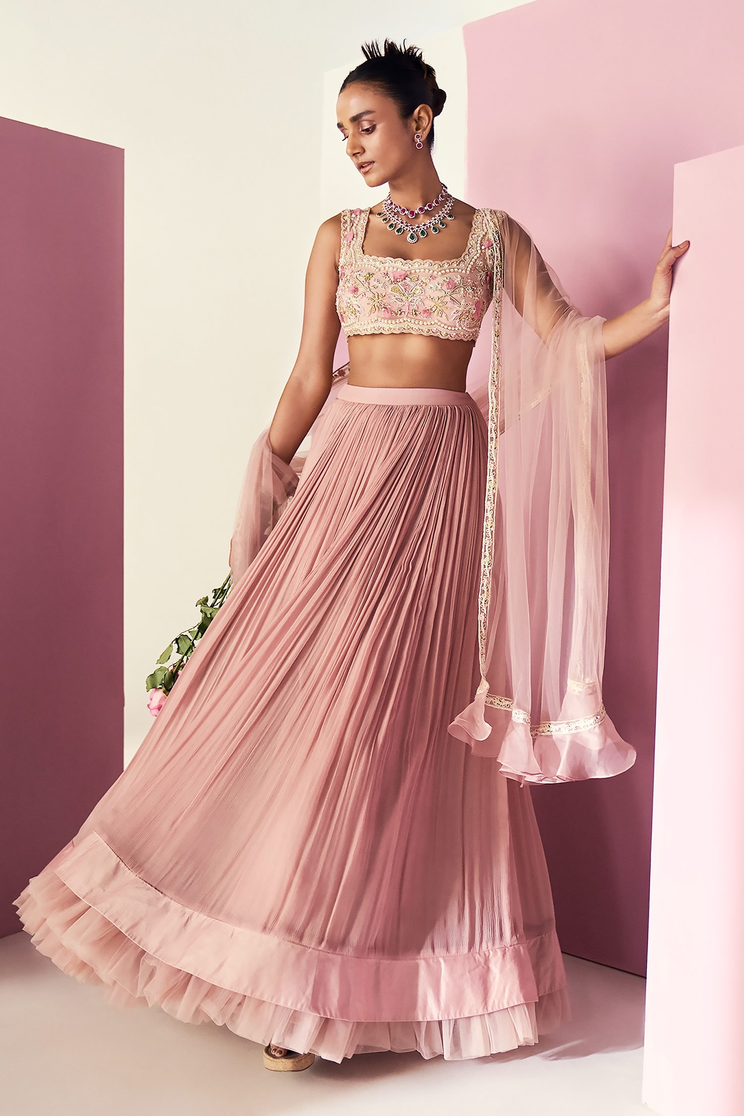 Buy Ridhi Mehra Pink Naahiyah Ruched Skirt Embroidered Blouse Set Online Aza Fashions