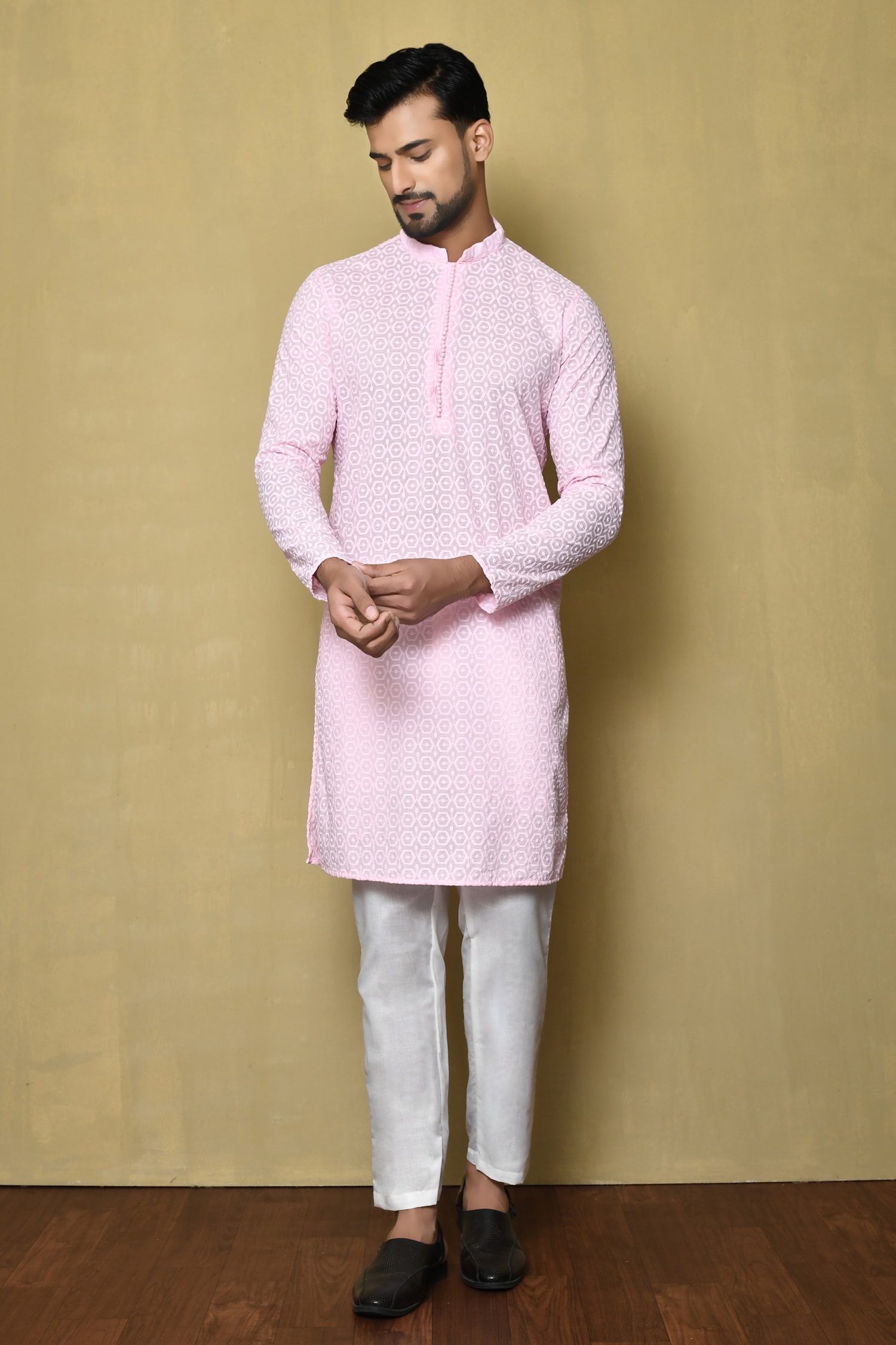 Buy Pink Cotton Chikankari Embroidered Thread Kurta For Men By Naintara