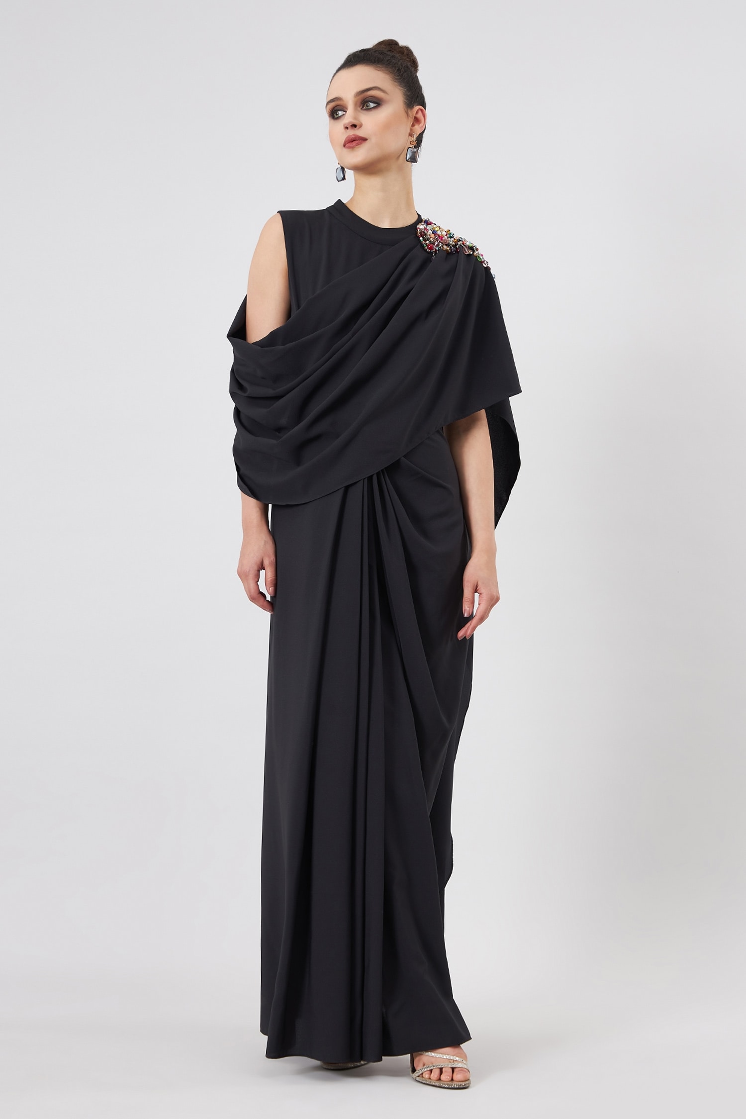 Buy Aakaar Black Moss Crepe Cowl Draped Asymmetrical Gown Online | Aza ...