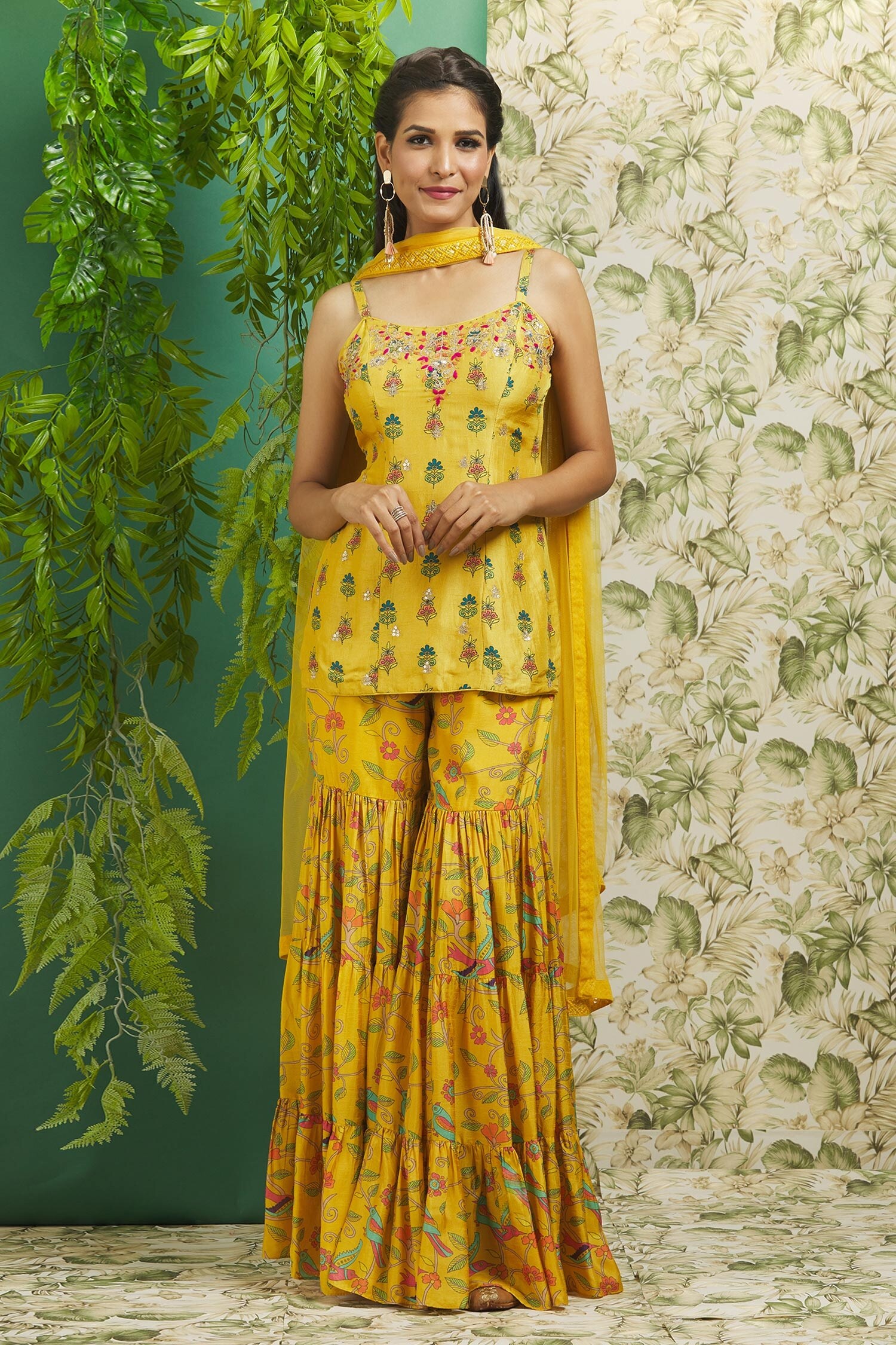 Buy Yellow Dupion Silk Printed Floral Scoop Neck Peplum Kurta Set For ...