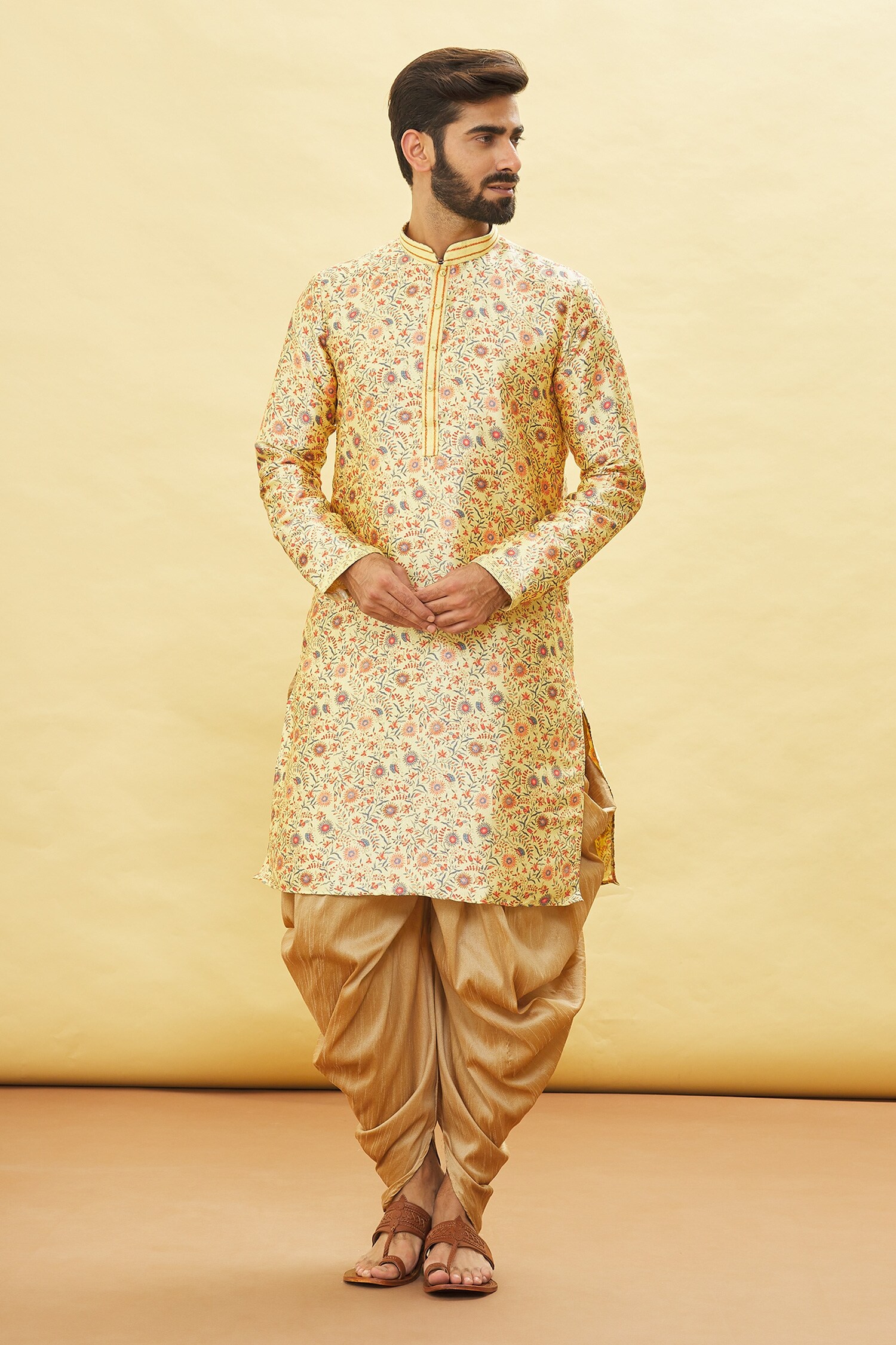 Buy Nazaakat by Samara Singh Yellow Silk Floral Print Full Sleeve Kurta