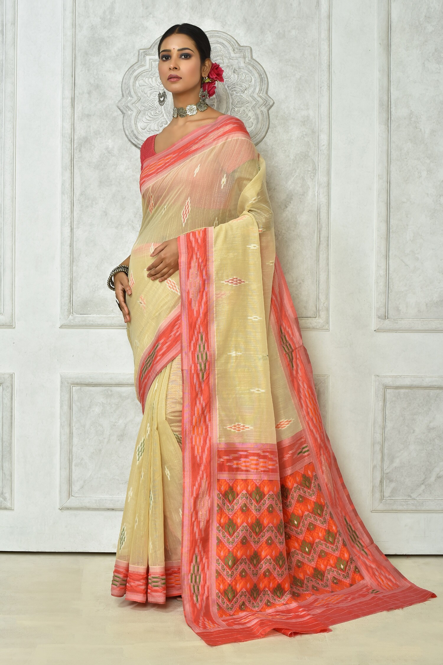 Nazaakat by Samara Singh Ivory Soft Cotton Geometric Colorblock Saree With Running Blouse For Women