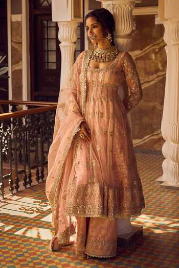 Ombre Bandhani Print Kurta Palazzo Set With Zari, Sequin Embroidery and Diamond Patterns