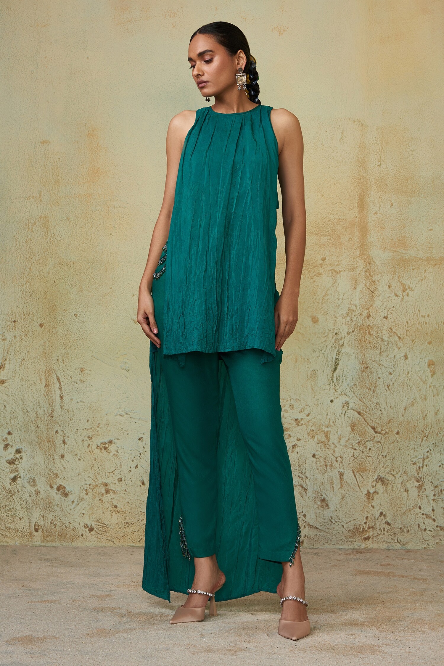Buy Green Heavy Georgette Embellished Beaded Lace Slit Trousers For ...