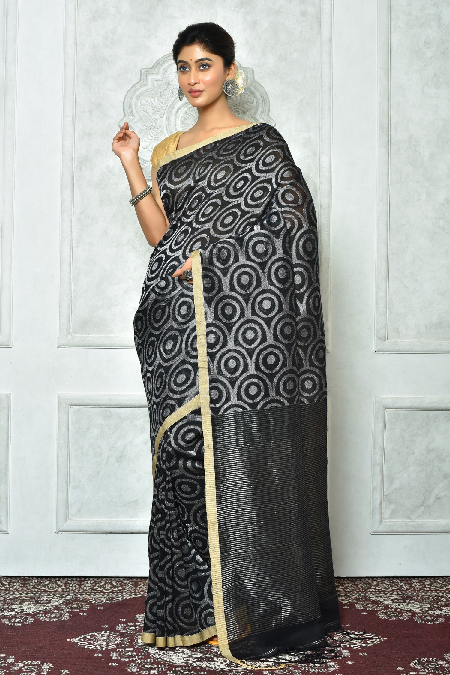 Buy Black Pure Linen Woven Scalloped And Geometric Pattern Zari Work ...