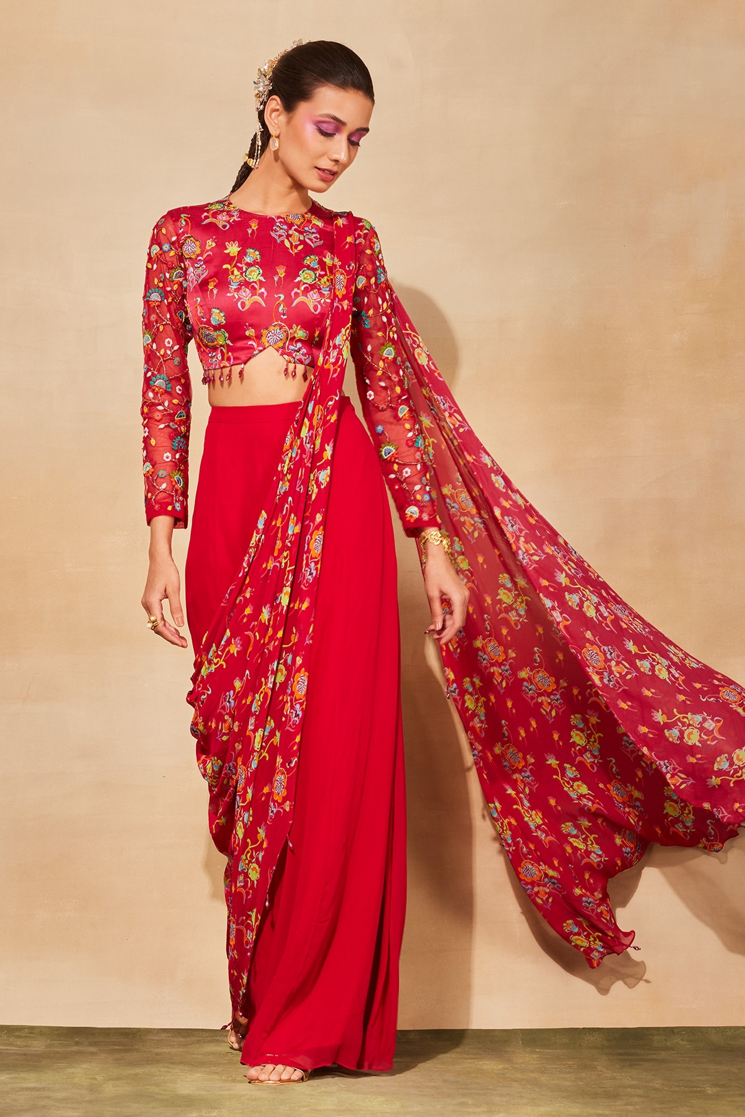 DiyaRajvvir Red Modal Floral Jaal Print Blouse And Sharara Saree Set