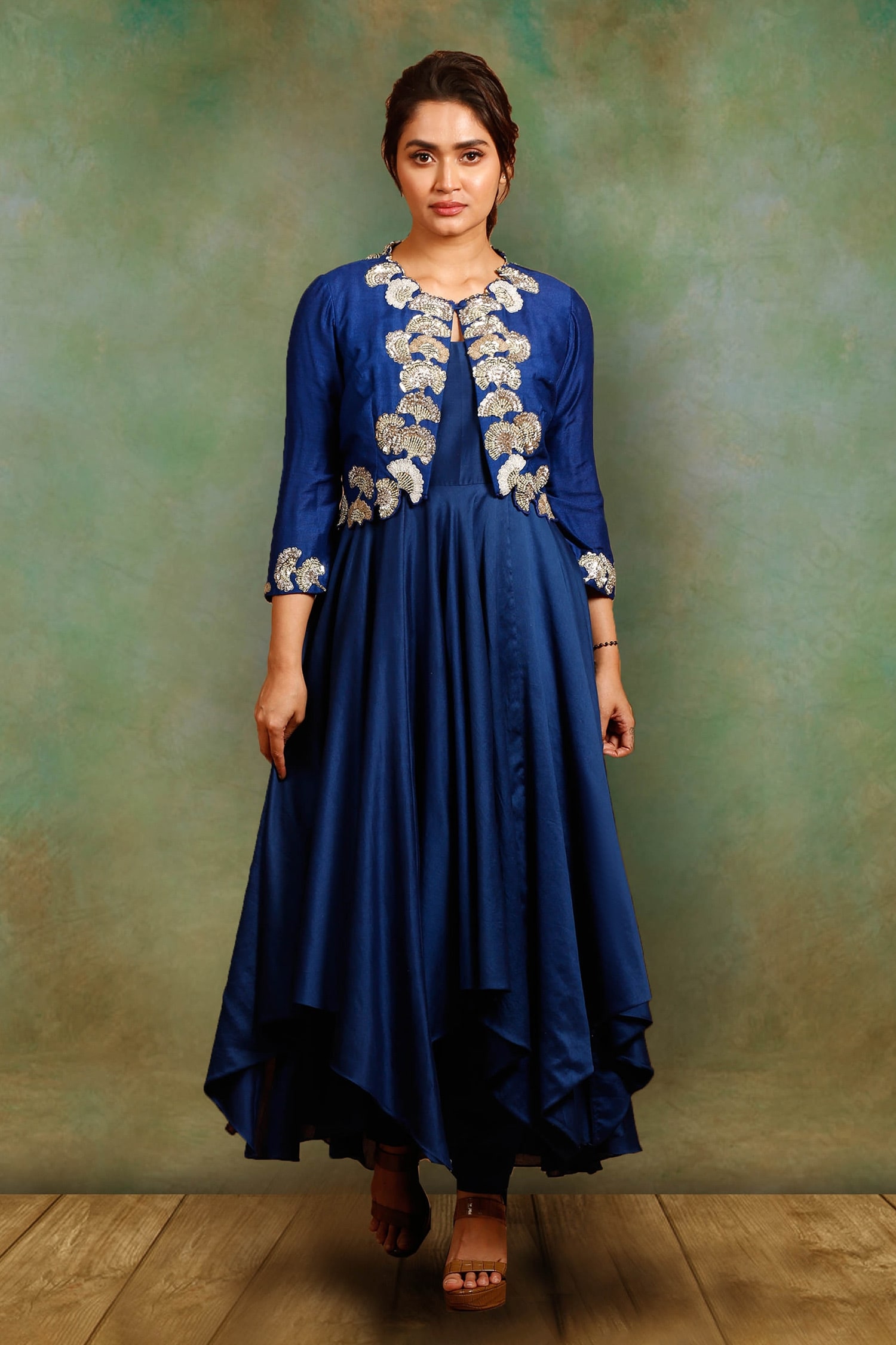 Buy Blue Jacket : Tussar Embroidered Floral Motifs Round And Anarkali ...