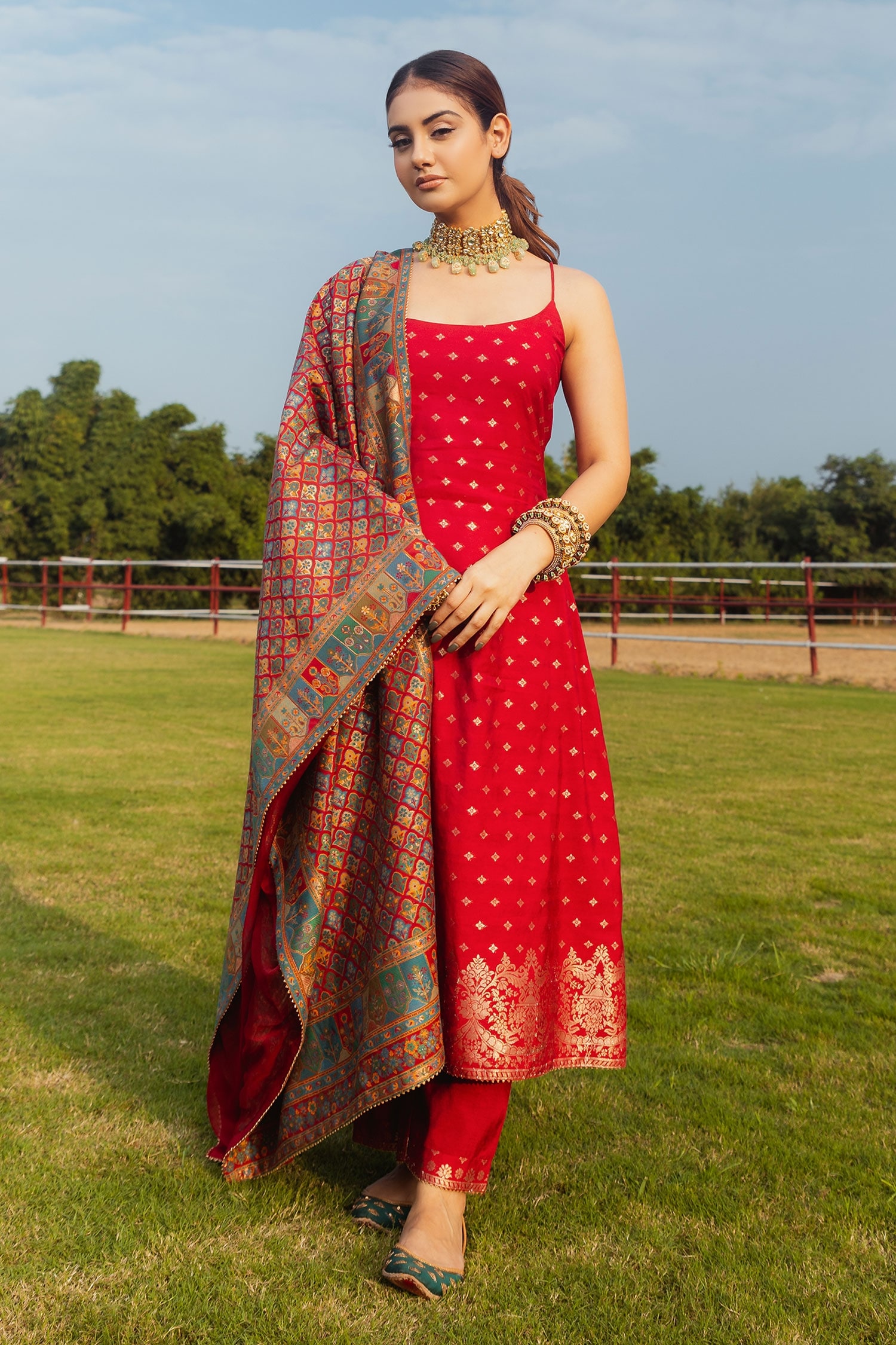 Safaa Red Moonga Silk Woven Kani Weave U Neck Zahra A-line Kurta Set For Women