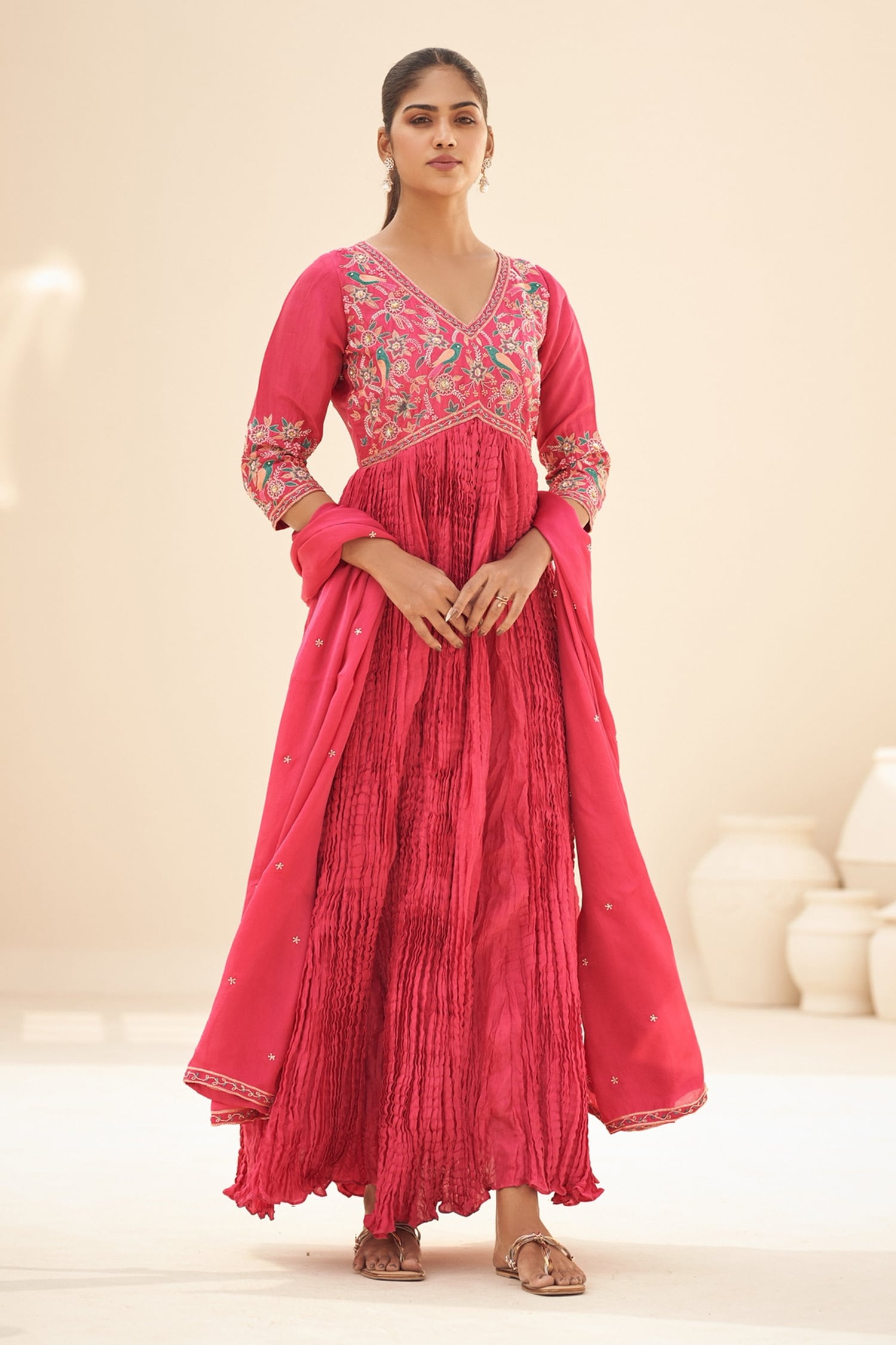 Buy Red Anarkali: Upada Silk Hand Embroidered Crinkled With Dupatta For ...