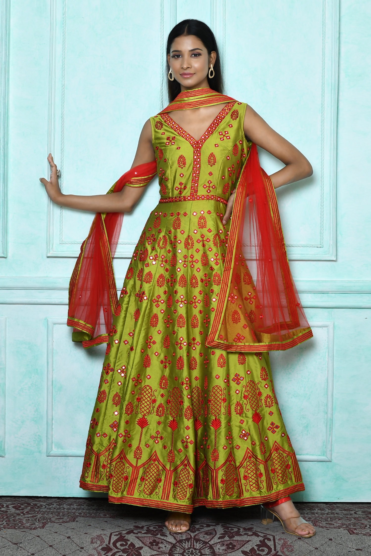 Buy Green Anarkali Taffeta Silk Embroidered Resham V Neck Thread Set