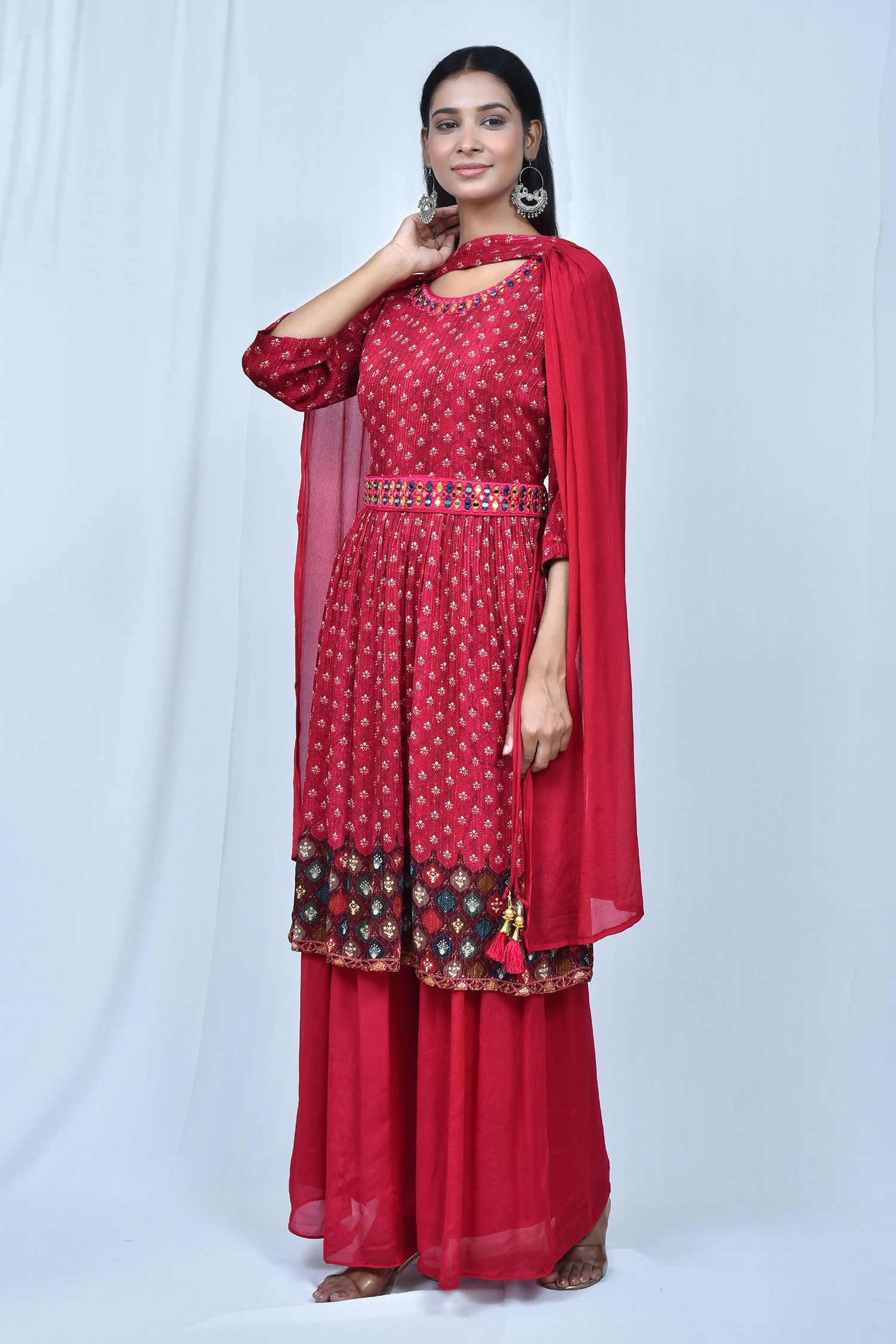 Buy Red Kurta: Chinon Embroidered Botanic Pattern Set With Choker ...