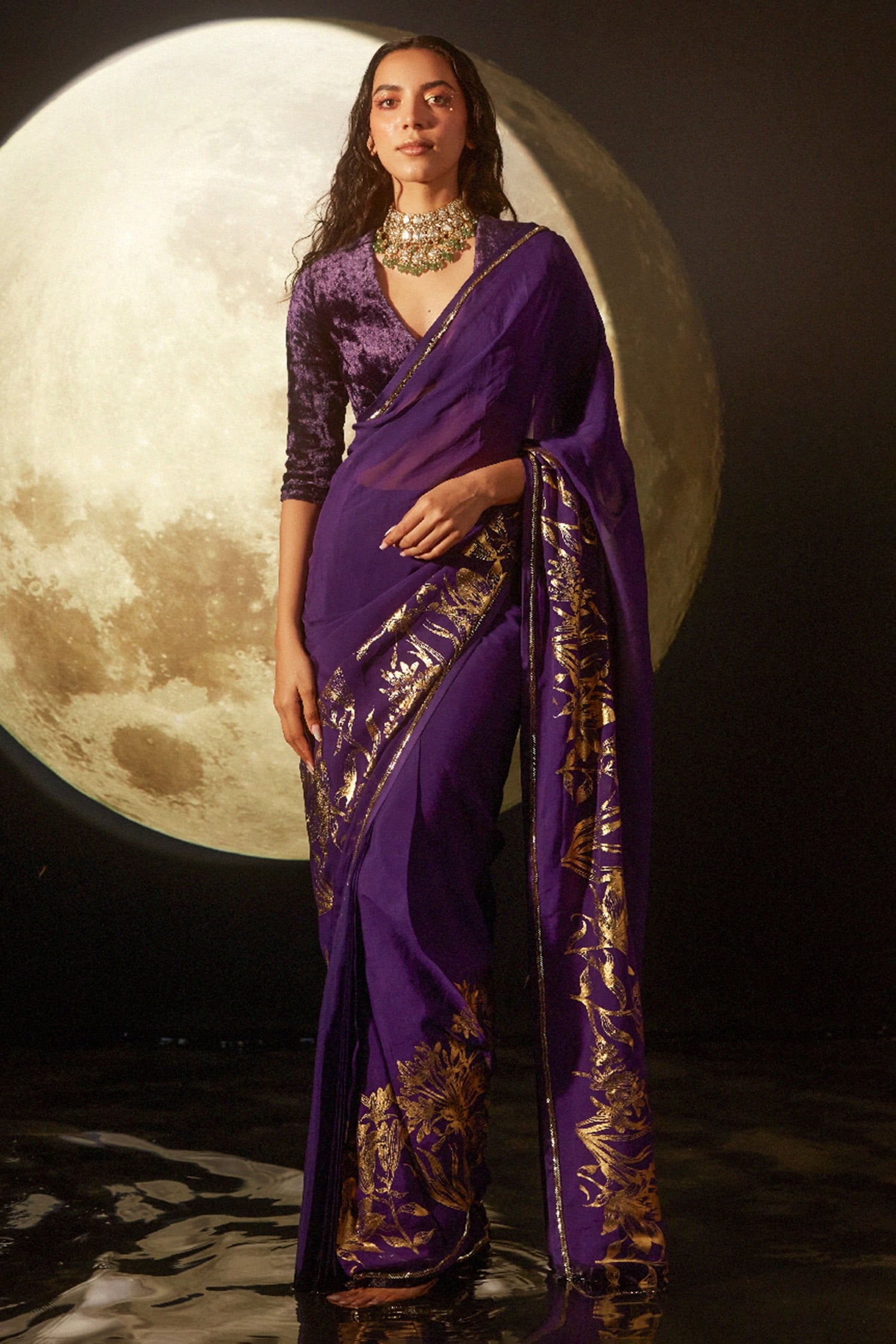 Dohr India Purple Foil Print Floral Border Saree For Women