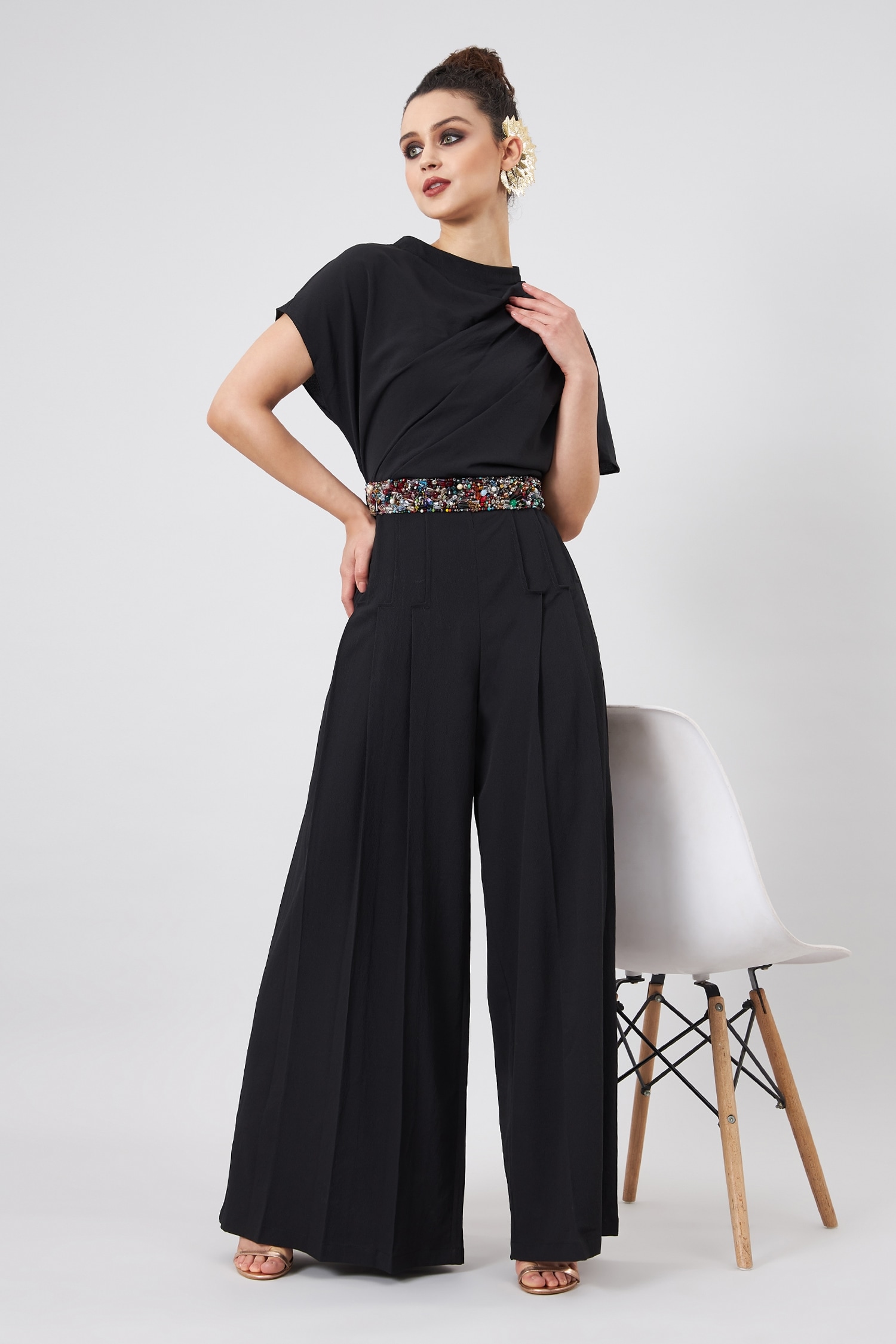 Buy Black Moss Crepe Plain Draped Jumpsuit With Embellished Cluster ...