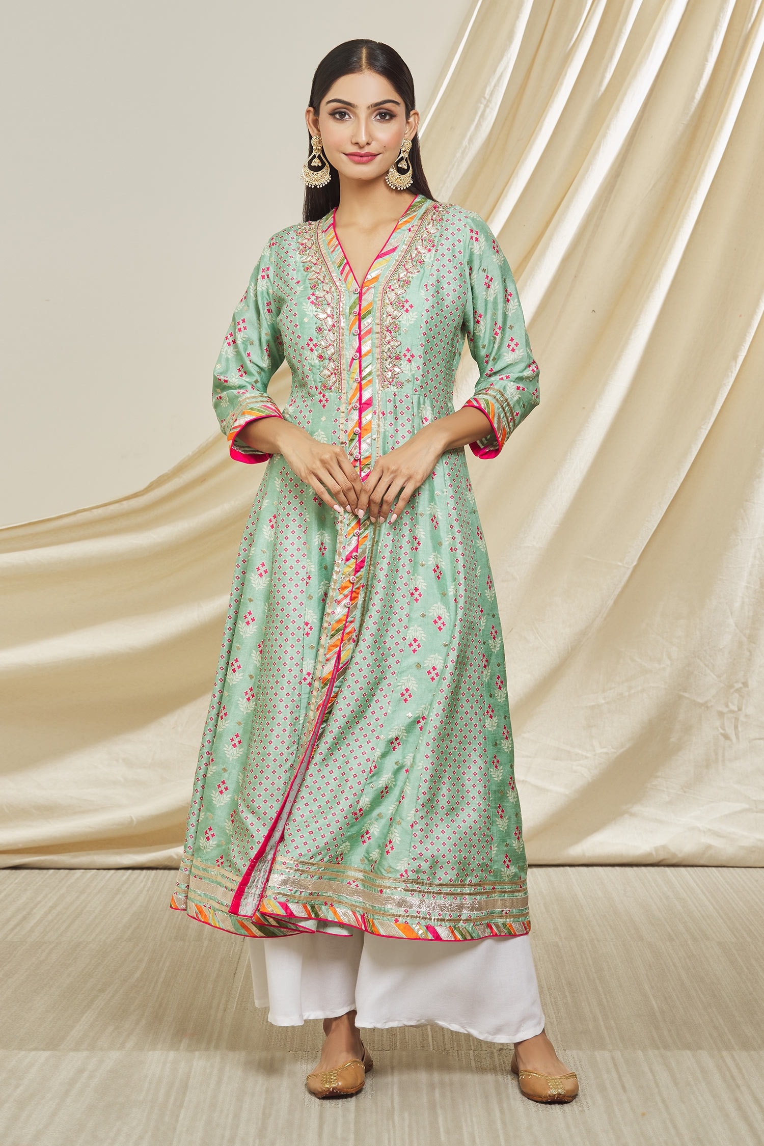 Buy Blue Tussar Silk Embroidery Tilla V Neck Floral Pattern Tunic For Women By Gopi Vaid Online