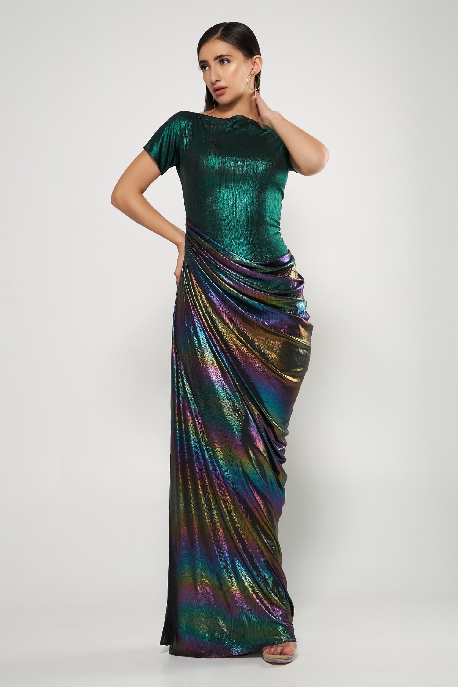 Buy Multi Color Stretch Knit Foil Solid Straight Draped Metallic Gown ...