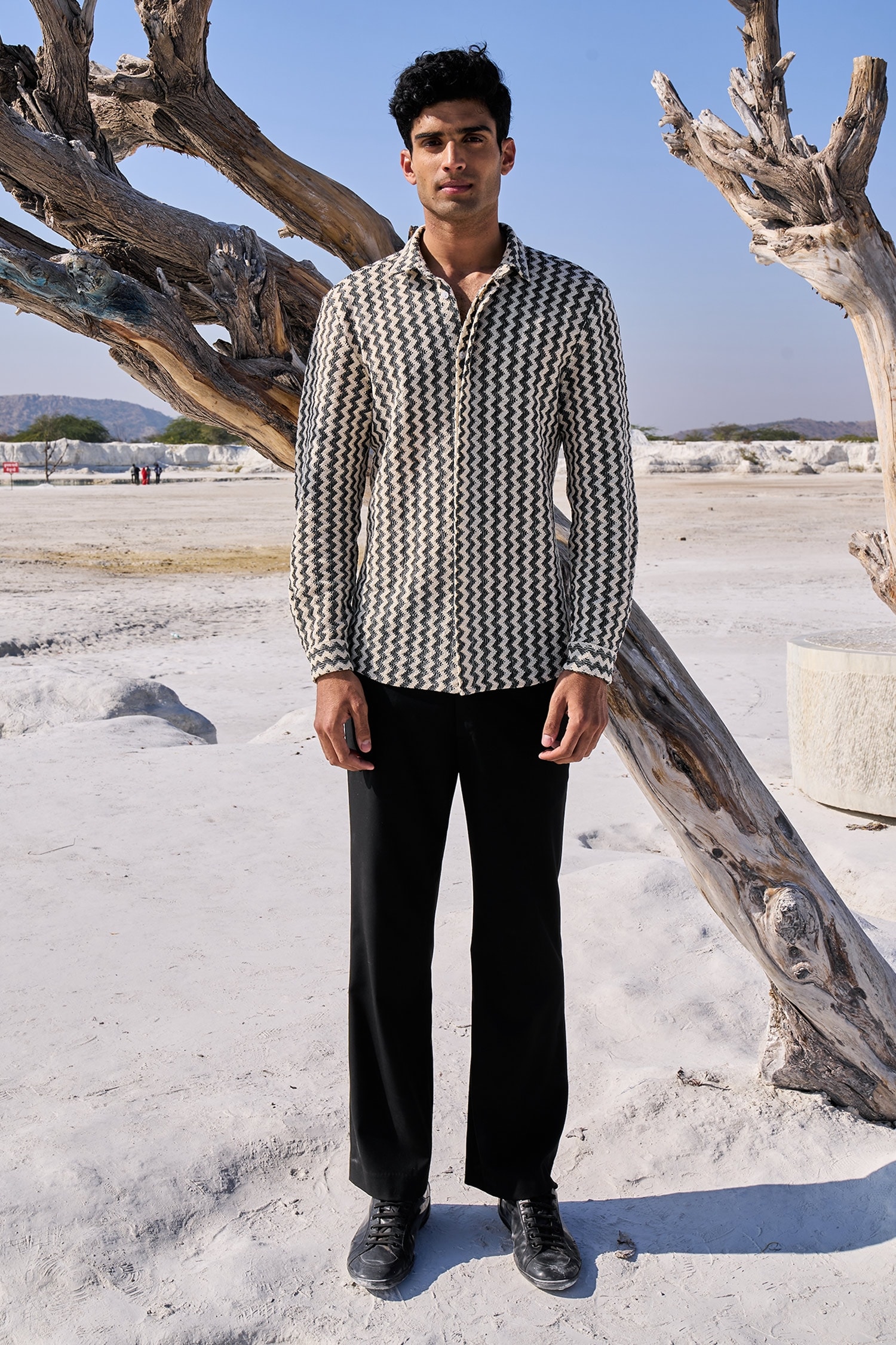 Buy Beige 100% Organic Cotton Chevron Pattern Shirt For Men by Dash and