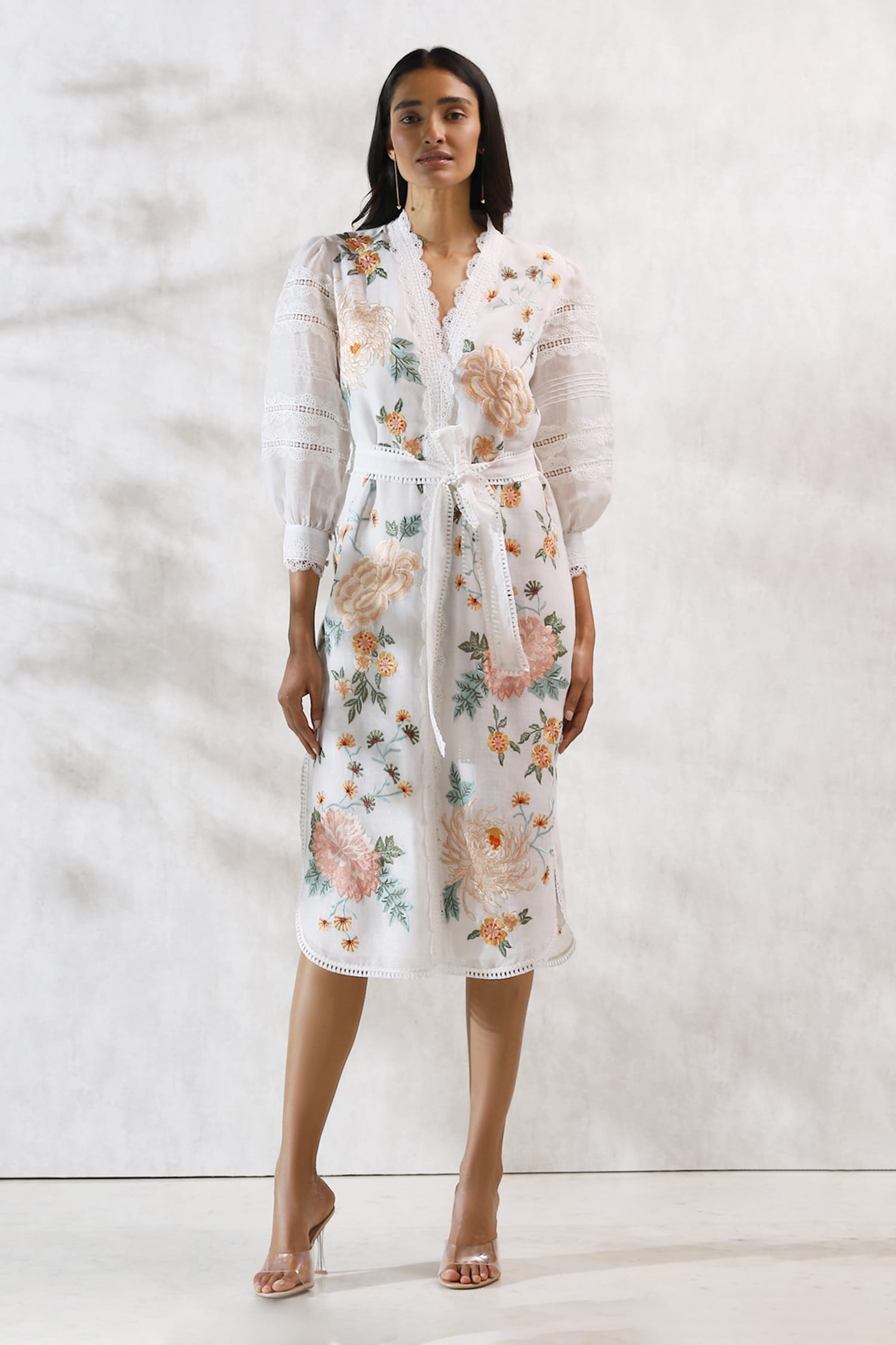 Buy Ranna Gill White Hopsack Floral Embroidered Shirt Dress Online