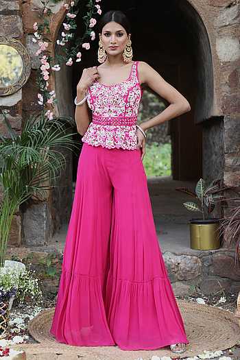 Buy Fuchsia Georgette, Silk Floral Embroidered Peplum Top And