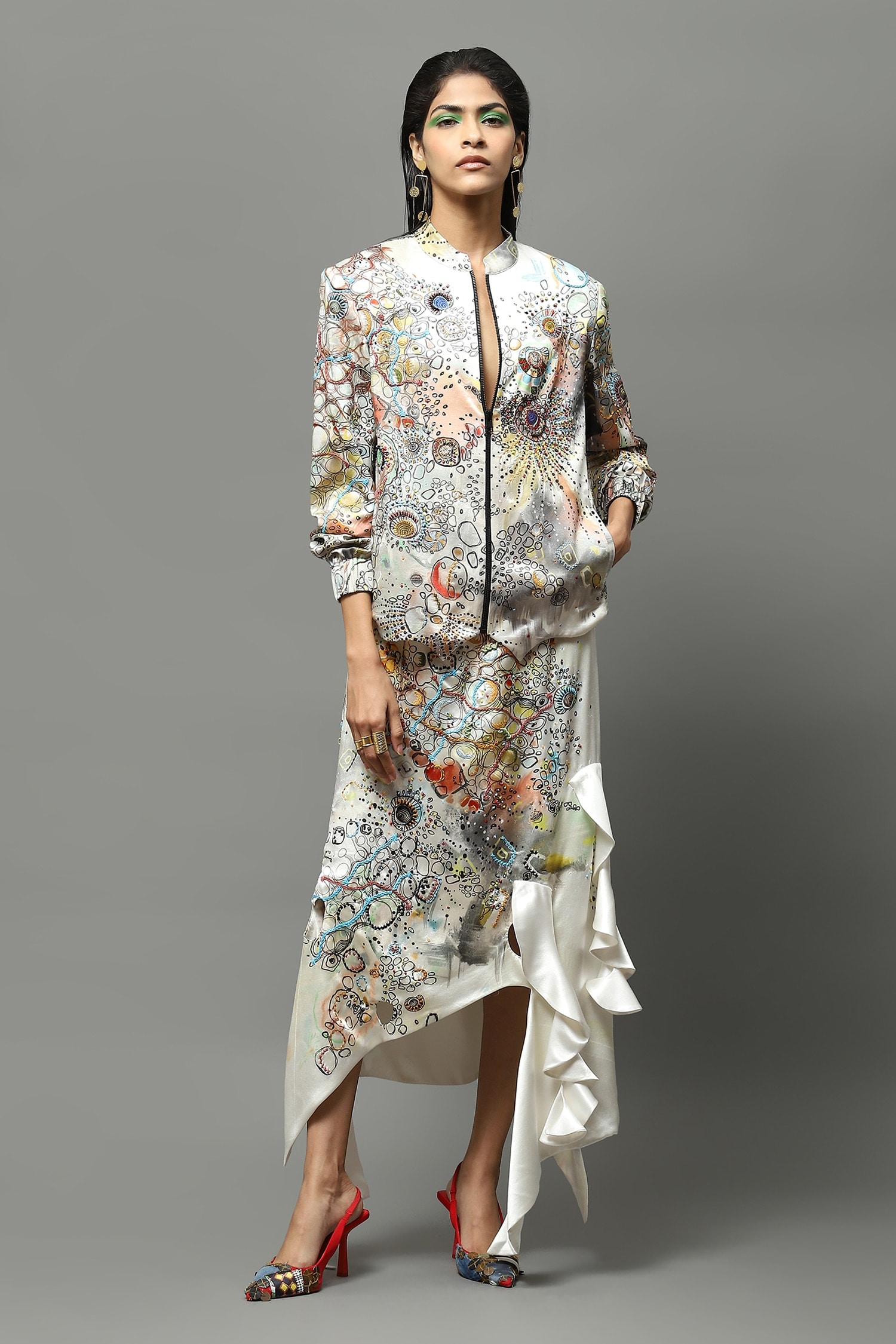 Buy Anamika Khanna Multi Color Satin Printed Handkerchief Hem Skirt