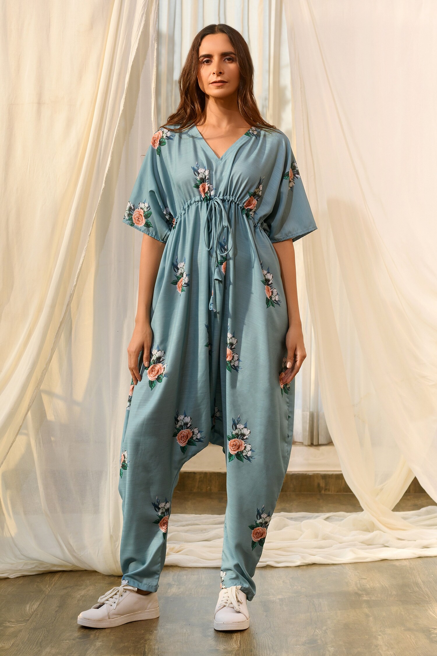 Buy Pasha India Green Linen Floral Print Kimono Jumpsuit Online Aza