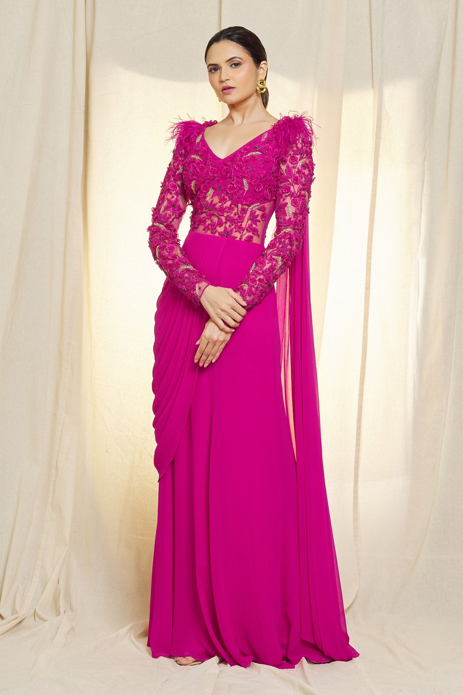 Vivek Patel Fuchsia Georgette Embroidered 3d Resham Dori Wide Draped Saree Gown For Women