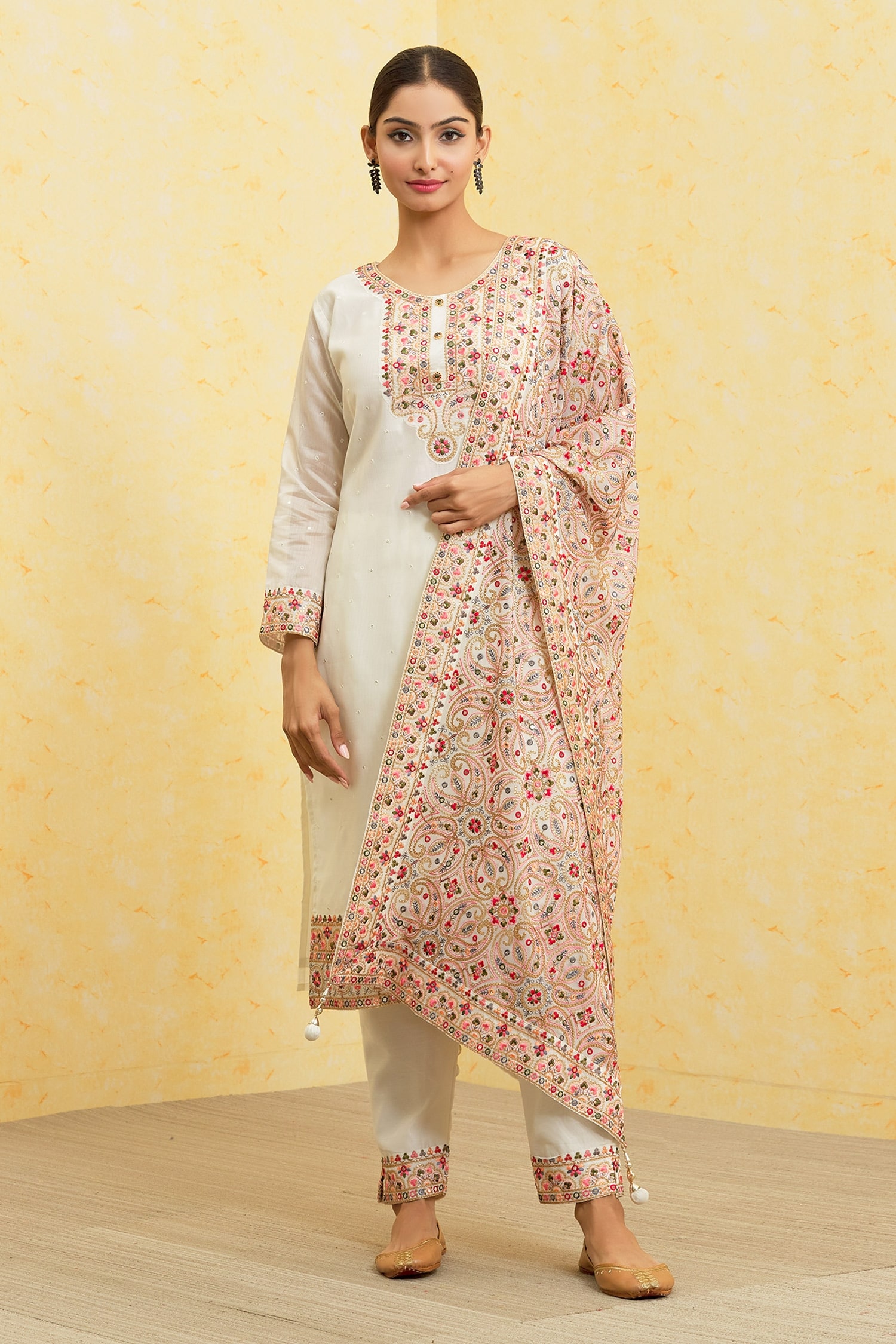 Khwaab by Sanjana Lakhani Cream Kurta And Pant: Soft Chanderi Embroidered Botanic Pattern Set For Women