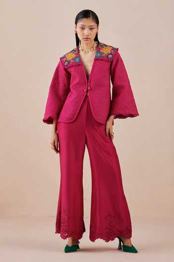Buy Chandrima Pink Chanderi Flower Cutwork Pattern Pant Online | Aza ...