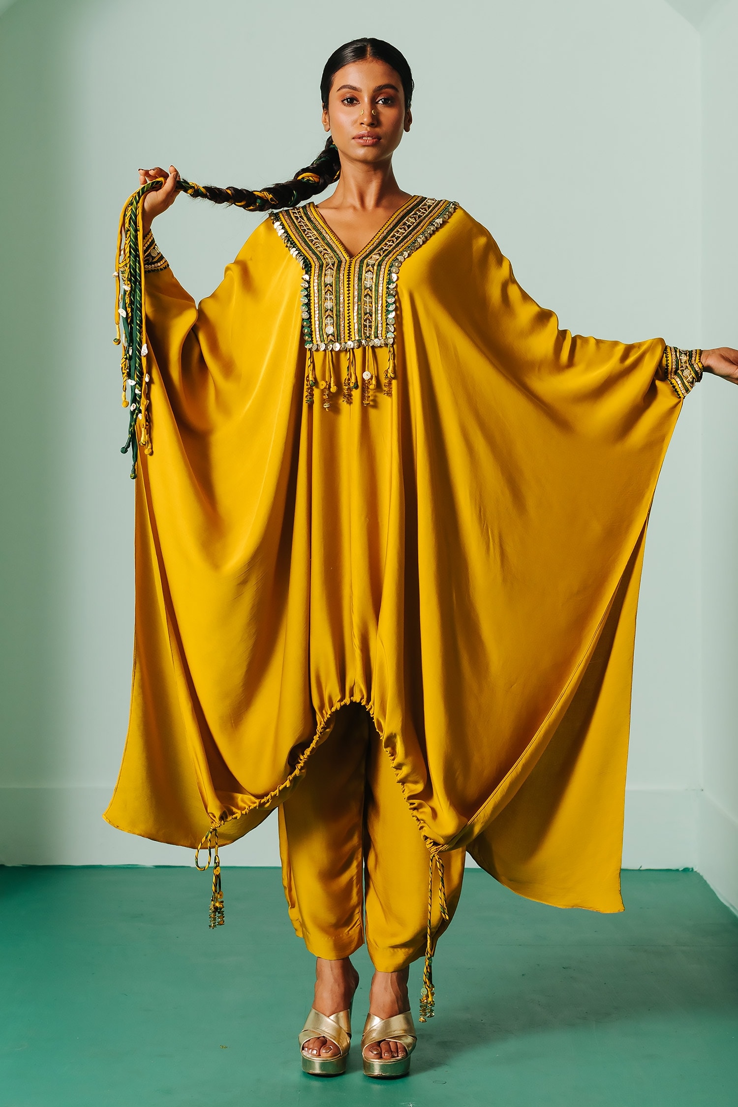 Buy Yellow Satin Hand Embroidered Sequins V Yoke Cowl Kaftan And Pant ...