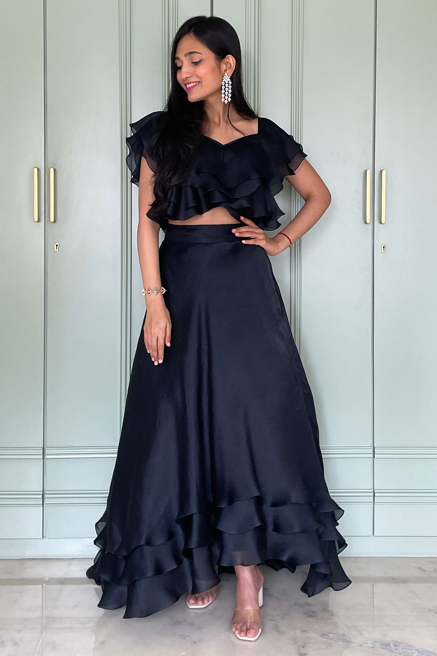 Buy Blue Aarna Ruffle Top And Skirt Set For Women by Elemente Online at ...