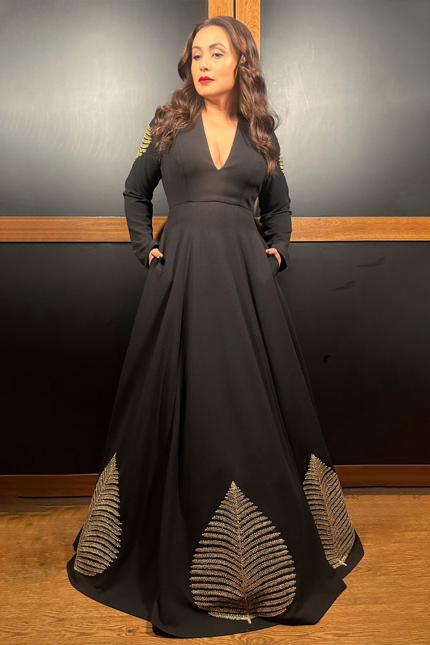 Masaba Black Scuba Georgette Kashmiri Leaf Embellished Gown