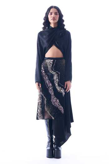 Buy Aroka Black Modal Satin Eclipse Overlap Crop Top Online | Aza Fashions