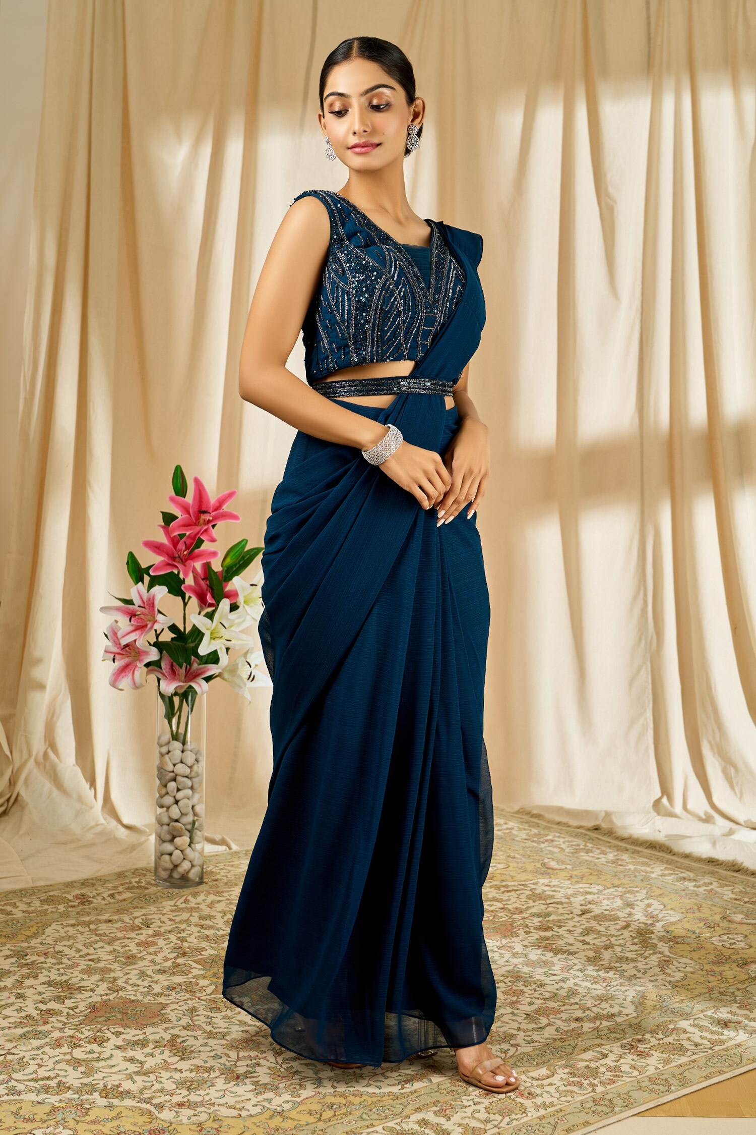Alaya Advani Blue Chinnon Embroidered Pre-draped Saree With Sleeveless Blouse For Women
