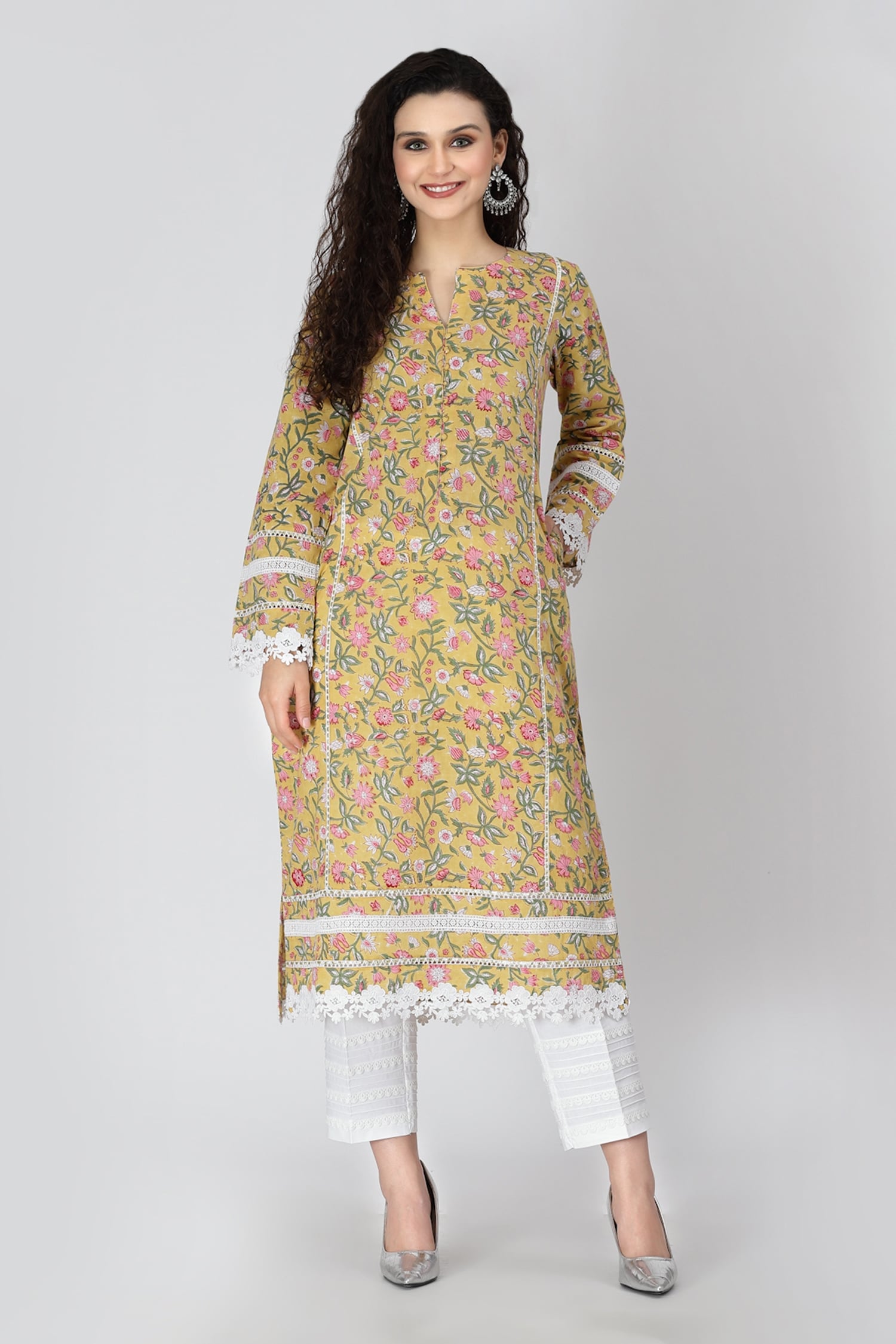 Buy Shetab Kazmi Yellow Cotton Full Sleeve Printed Kurta And Palazzo ...